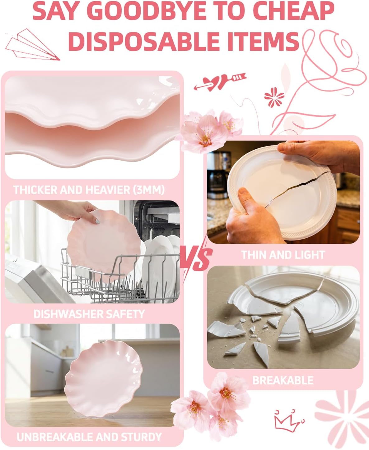 LIYH 24 Pcs Pink Plastic Plates Reusable, Pink Scalloped Plates Durable and Dishwasher Safe, Light Weight Daisy Wavy Plate Parties, Birthday, Picnics, BPA Free(12Guests) - Image 6