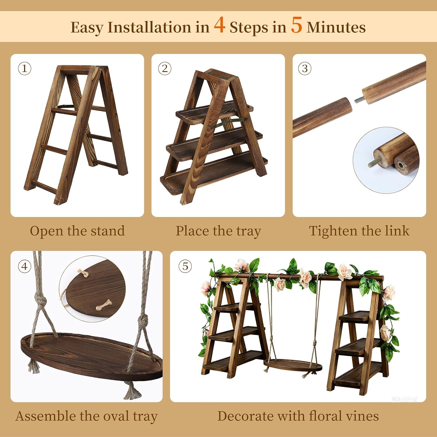 Large Wooden 3 Tier Swing Cupcake Stand with Flower Decor, Removable Trays, Foldable Ladder Display for Cake, Snacks, Fruit, Bread, Party & Catering Centerpieces - Image 3