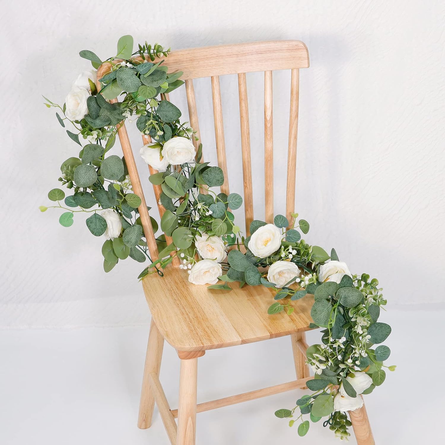 TOCHGREEN 2 Pack 13Ft Artificial Eucalyptus Flower Garland with White Roses, Fake Rose Flower Greenery Garland Floral Vines for Wedding Home Party Table Runner Decor (2PCS, White) - Image 7