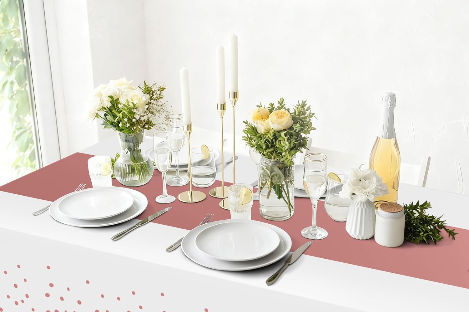 Smiry Plastic Table Cloth Disposable 3 Pack, 54 x 108 Inch Rectangle Waterproof Tablecloth, Printed Gold Table Runner Style for Birthday Weeding, Party, Sturdy & Leakproof, Rose Gold and White - Image 2