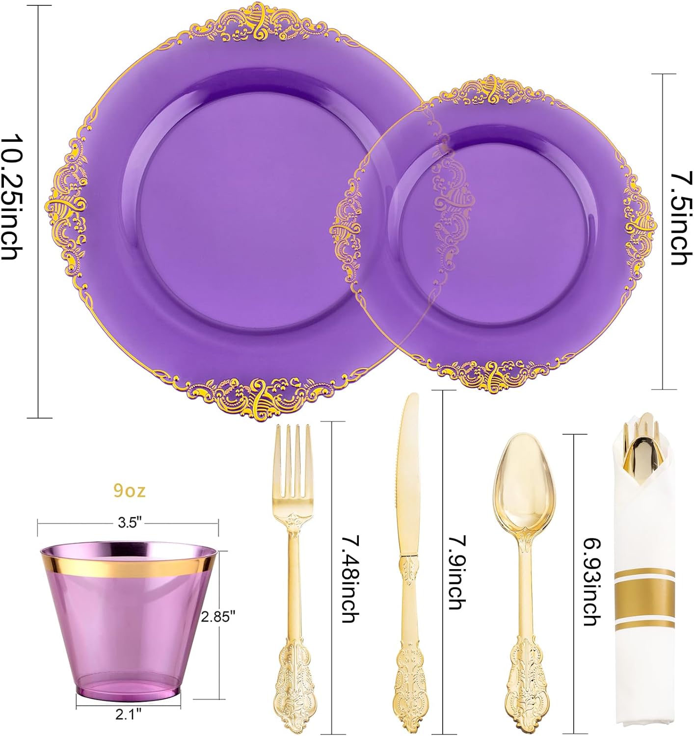 Nervure 175PCS Purple Plastic Plates - Disposable Purple Gold Party Plates & Pre Rolled Napkins with Cutlery for 25 Guests, 50Plates, 75Silverware, 25Cups, 25Napkin for Wedding & Party - Image 9
