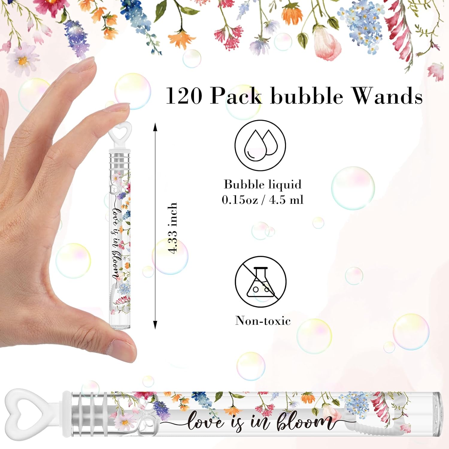 Hollowfly 120 Pack Wild Flower Wedding Mini Bubble Wands for a Wedding Bulk White Heart Bubble for Guests Send Off Wand Adults Bridal Exit Shower Party Supplies Valentine Anniversaries Celebration - Image 2