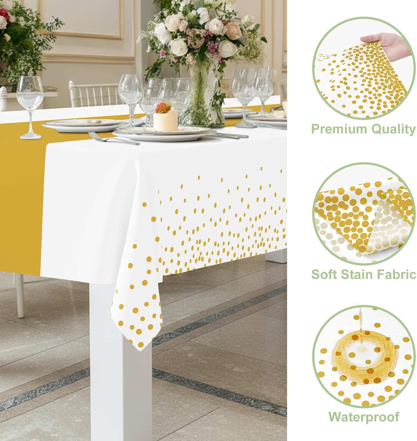 Smiry Plastic Table Cloth Disposable 3 Pack, 54 x 108 Inch Rectangle Waterproof Tablecloth, Printed Gold Table Runner Style for Birthday Weeding, Party Decorations, Leakproof & Sturdy, White and Gold - Image 2