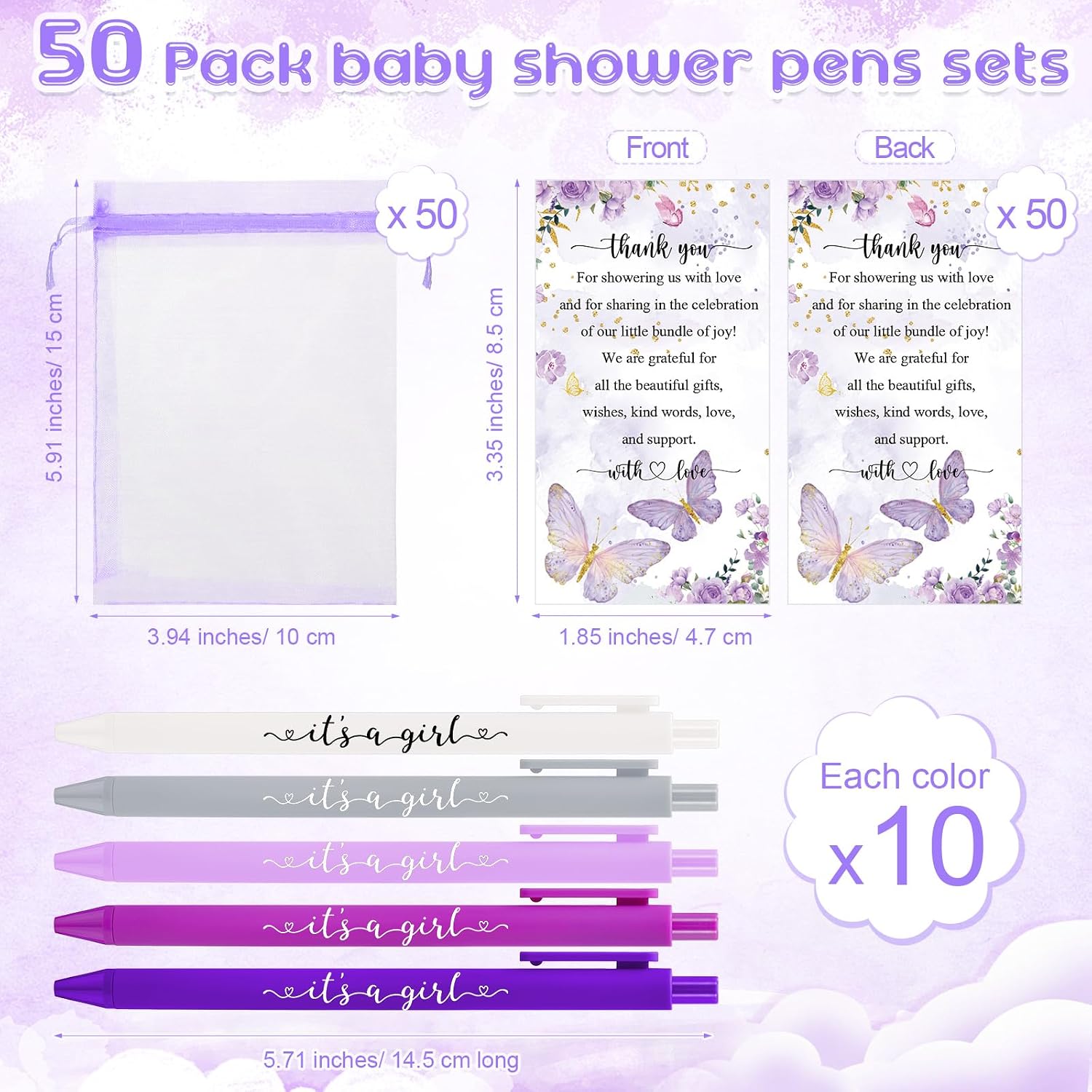 Chuangdi 50 Set Baby Shower Pens Favors for Guests It's a Boy Girl Ballpoint Pens Thank You Cards with Organza Bags Gender Reveal Party Favors for Adult Prizes Souvenirs(Purple,It's a girl) - Image 2