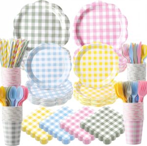 450 Pcs Gingham Tableware Set Decor...