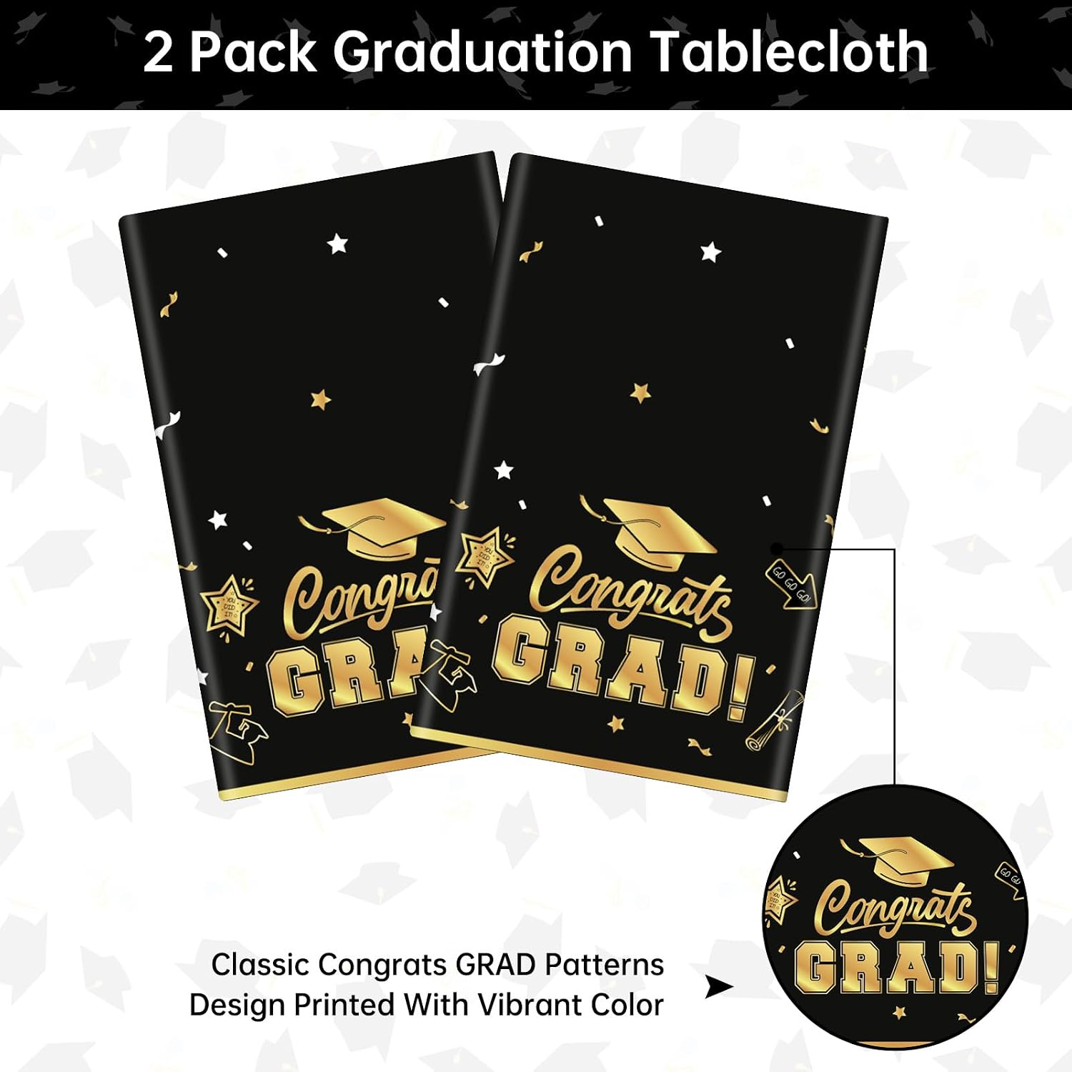 2 Pack Graduation Tablecloth - Congrats Grad Table Cloths, Plastic Disposable Rectangle Black Gold Class of 2026 Table Cover for Graduation Tables Decorations Party Decor Supplies Favors,108 x 54 Inch - Image 5