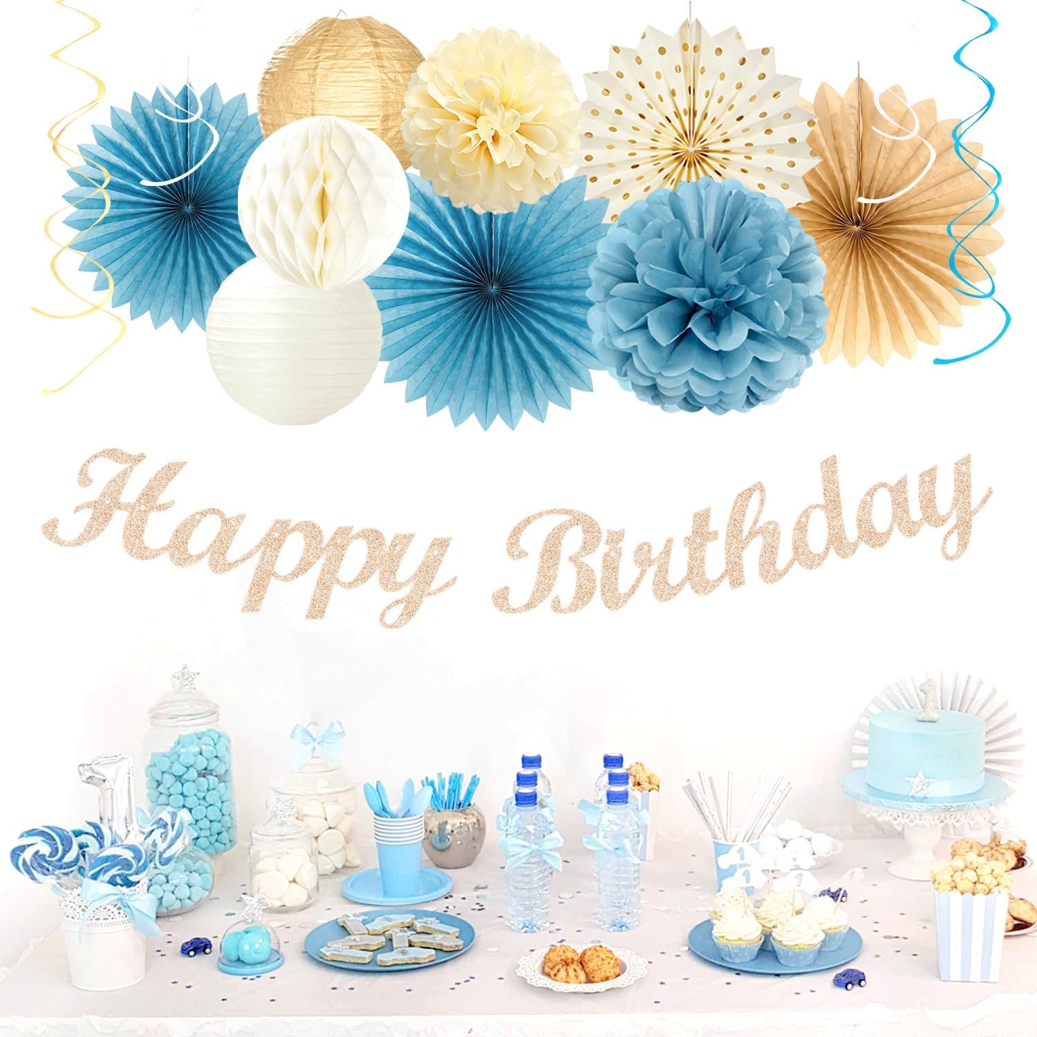 Light-Dusty Blue Beige-Champagne Women Birthday-Decorations - 21pcs Boho Neutral Happy Banner Garland,Paper Streamers Lanterns,Flower Tissue Pom Poms Fan Supplies,Wall Backdrop Party Decor Huglony - Image 5