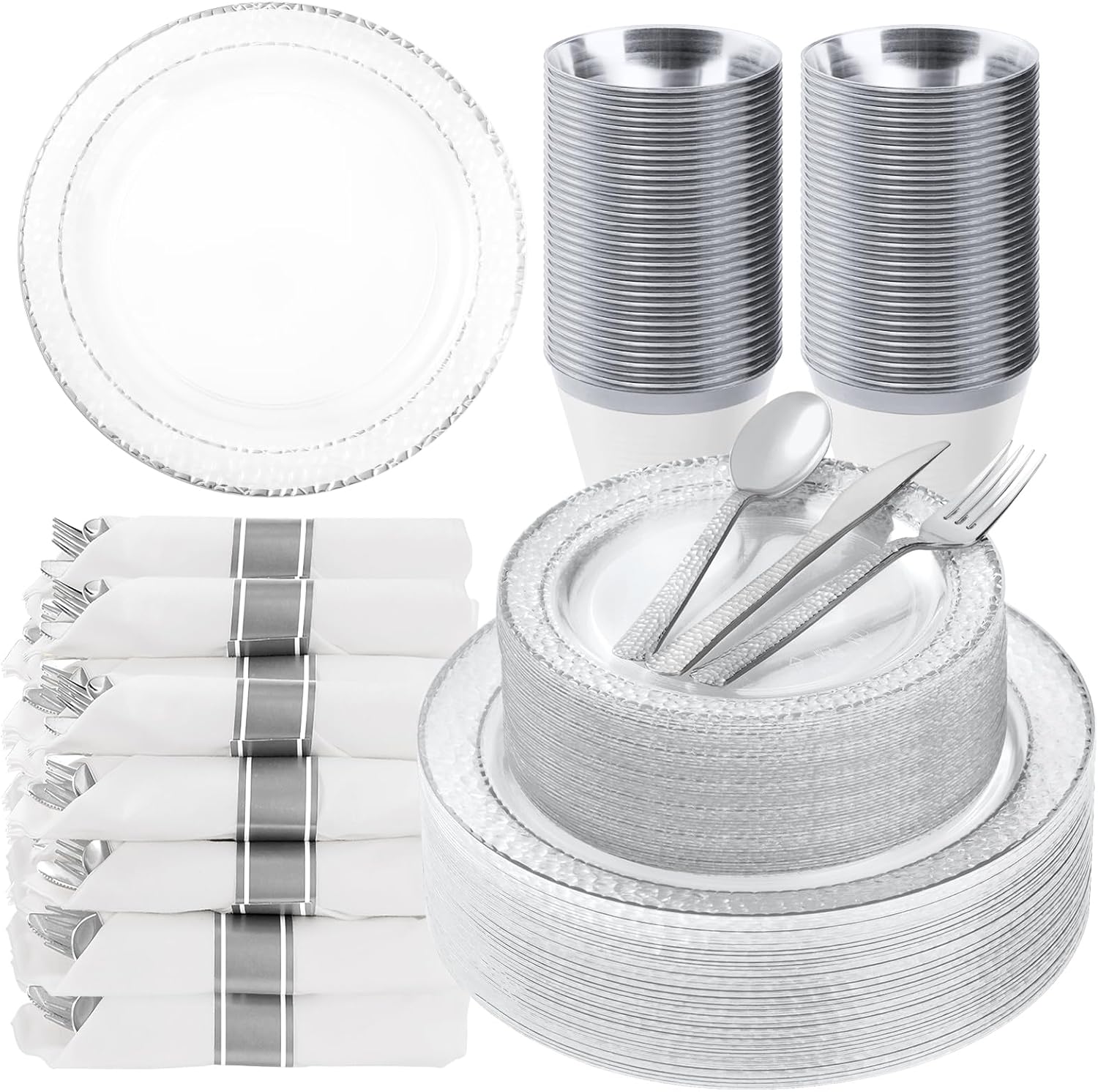 Bestluck 350PCS Clear Plastic Plates with Silver Trim for 50 Guests, Disposable Dinnerware Set for Party & Wedding, Includes 100 Plastic Plates, 50 Pre Rolled Napkins with Silver Silverware, 50 Cups