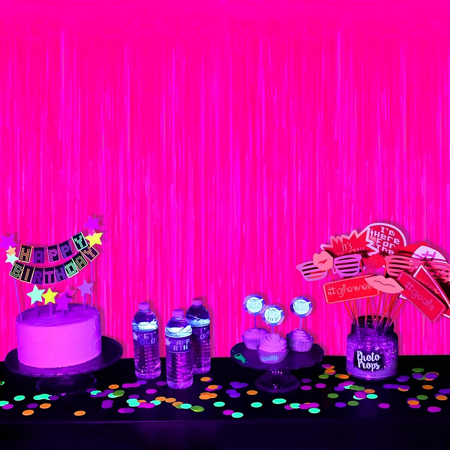 Mega-L Glow in The Dark Party Supplies, 2 Pack Neon Party Decorations 3.3 x 6.6 ft Fluorescent Macaron Fuchsia Tinsel Foil Fringe Curtains, Photo Booth Prop Backdrop Streamer, Birthday Party Decor - Image 5