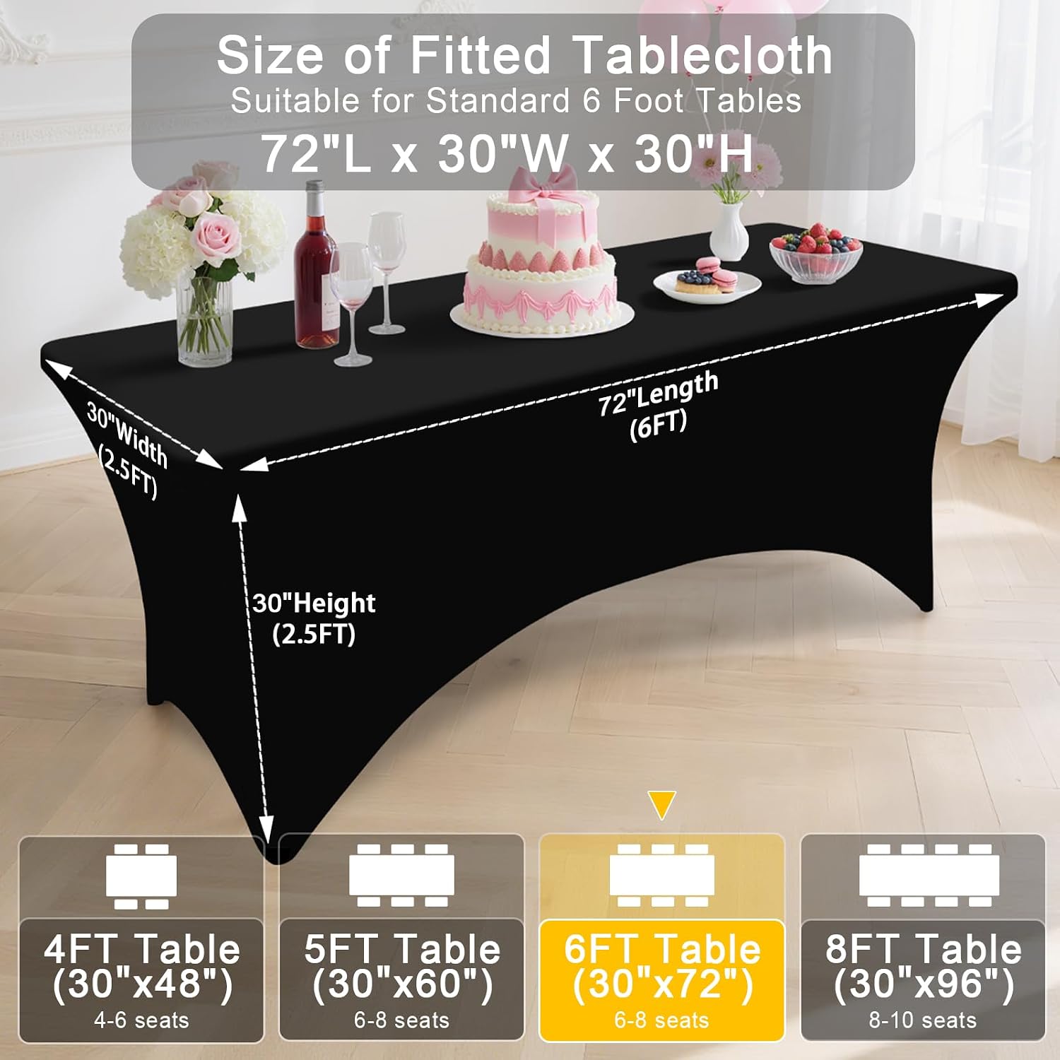 Smiry 2 Pack Spandex Table Cloth 6FT, Elastic Fitted Stretch Tablecloths, Washable and Wrinkle Free Rectangular Patio Table Cover for Outdoor, Wedding, Banquet & Parties (Black, 72Lx30Wx30H Inch) - Image 7