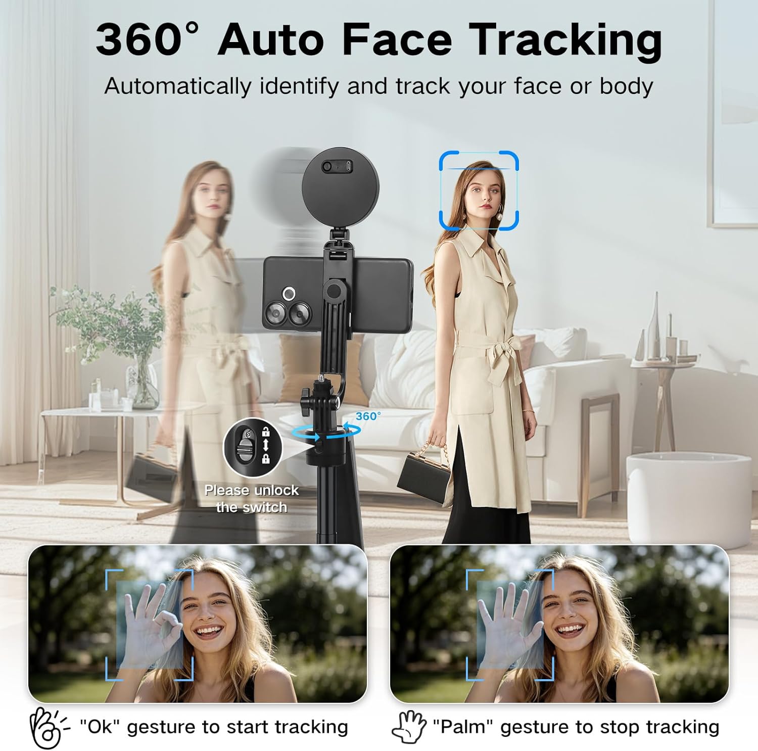70.9” Auto Face Tracking Tripod for iPhone with Light,360 Rotation that Follows Your Movement,Phone Tripod for iPhone/Android/GoPro,Selfie Stick with Remote for Live Stream Video Recording - Image 2