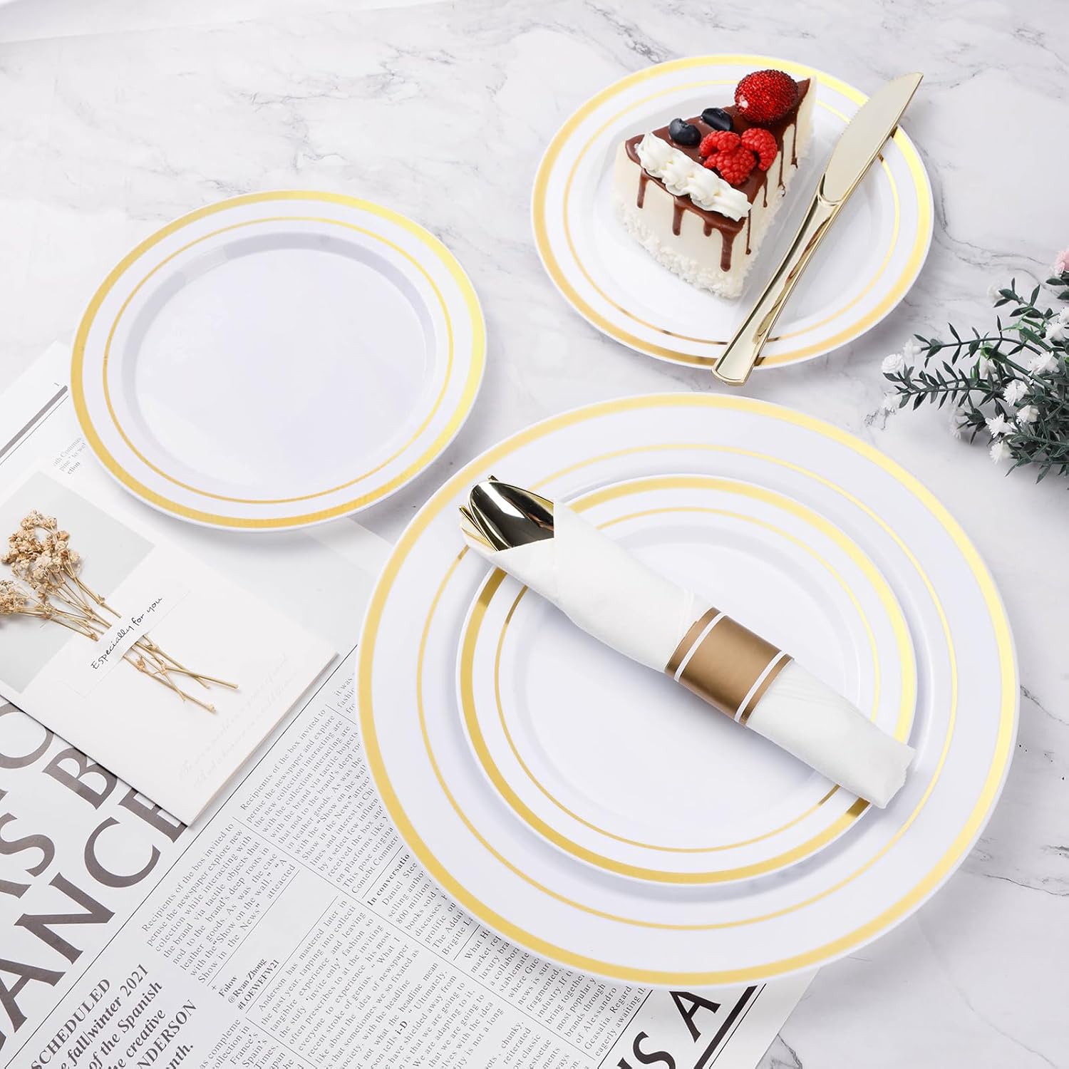 BESTVIP 350PCS Gold Plastic Dinnerware Set, Disposable Party Plates for 50 Guests, Include: 100 Plastic Plates, 50 Pre Rolled Napkins with Gold Silverware, 50 Cups - Image 3