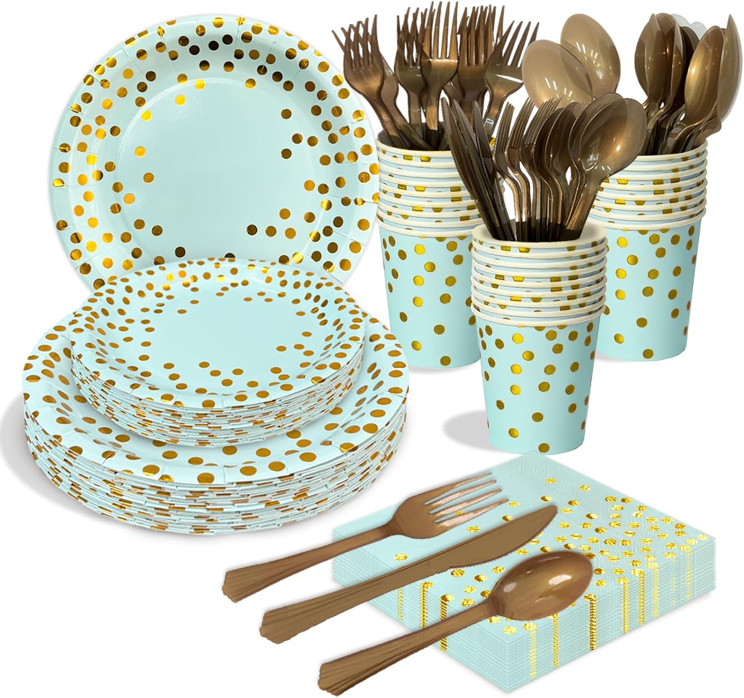 Paper Plates and Napkins Party Supplies - 175pcs Blue and Gold Polka Dots Party Plates and Cups and Napkins Sets for Birthday, Wedding, Baby Shower, Graduation Decorations (Serve 25)