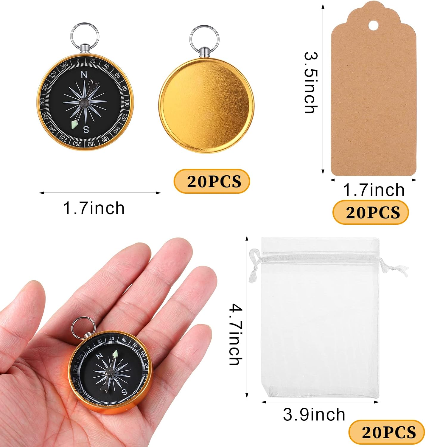 TaoBary 60 Pcs Compasses Gifts Wedding Party Favors Set, 2026 Mini Compass Souvenir Nautical with Kraft Tags and Organza Bag for Guests Birthday Nautical Travel Party Souvenir Gift(Gold) - Image 2