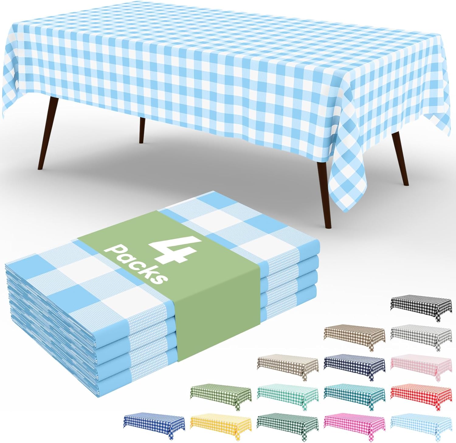 misaya 4 Packs Buffalo Disposable Table Cloth, 54 x 108 Inch Waterproof Plastic Tablecloth, Rectangle Baby Blue and White Checkered Table Covers for Picnic, Birthday, Party, Back to School