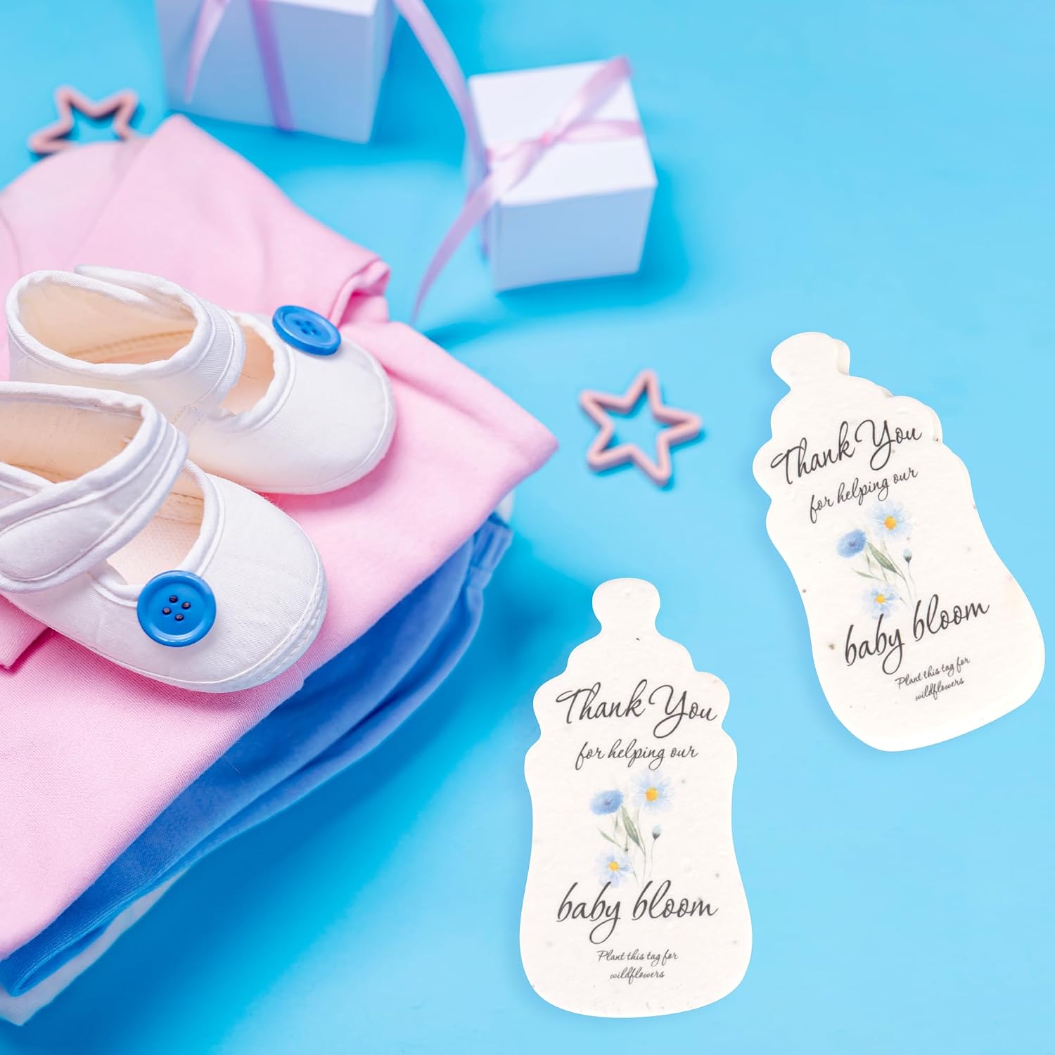 15pcs Blue Baby Bottle-Shaped Gift Tags with Wildflower Seeds - Writable Gift Wrap Tags for Baby Showers, Mother's Day Present, Party Favors, DIY Crafts, & Earth Day Decorations - Image 8