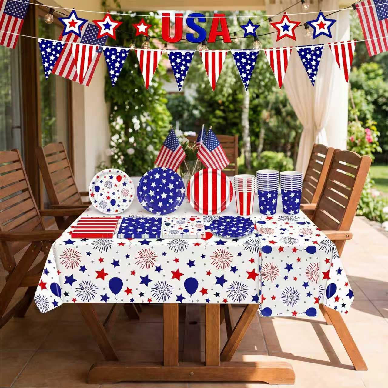 100Pcs 4th of July Decorations,Patriotic Theme Kit for Independence & Election Day Decorations Red White Blue 4th of July Banner Tablecloth Patriotic Plates Napkins Cups Fourth of July Party Supplies - Image 4