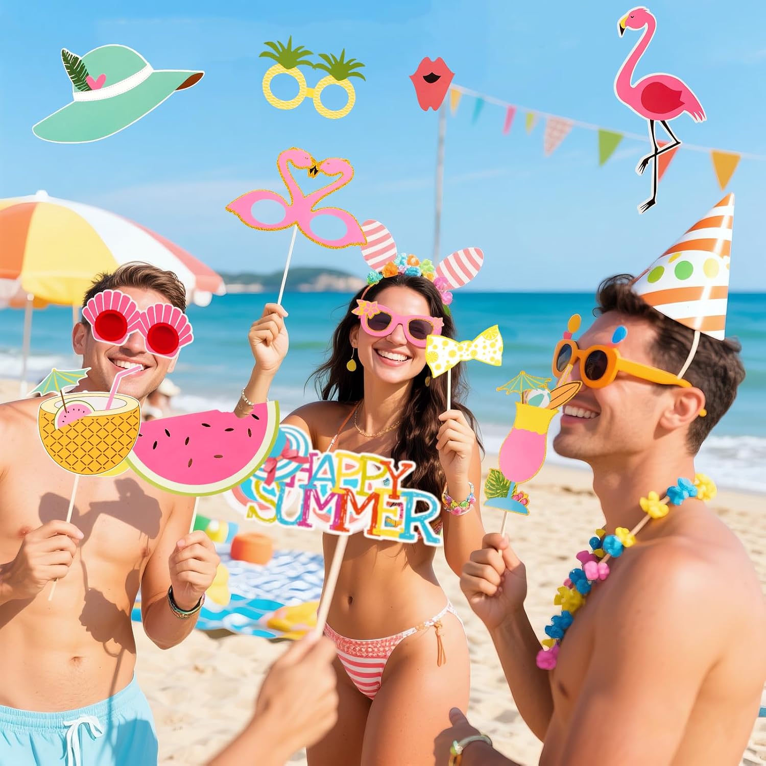 SUNBEAUTY 12 Pcs Summer Photo Booth Props Beach Summer Pool Party Decorations Luau Photo Booth Props Tropical Tiki Beach Pool Party Favors for Baby Shower, Birthday, Hawaii - Image 6