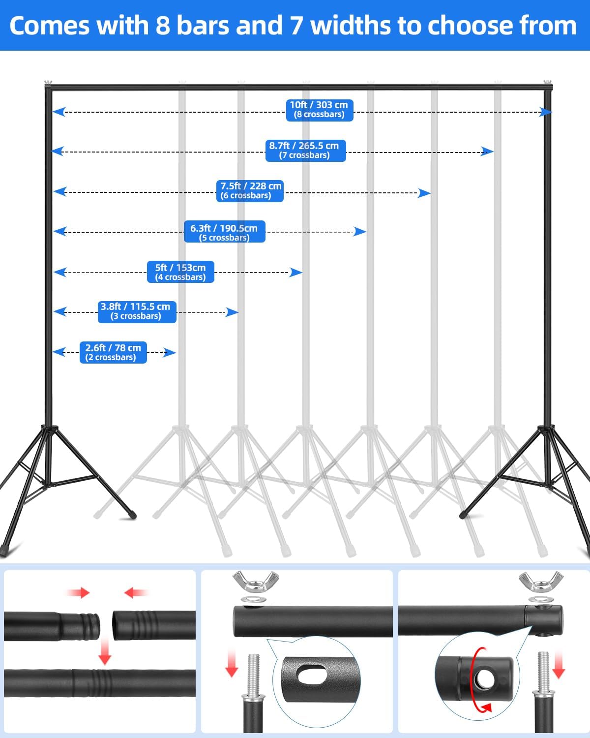 Hemmotop Backdrop Stand 10x8ft (WxH), Photography Background Stand for Parties, Adjustable Photo Backdrop Stands Kit for Wedding, Photo Booth, Party, Decoration, Balloon, Projector Screen - Image 3