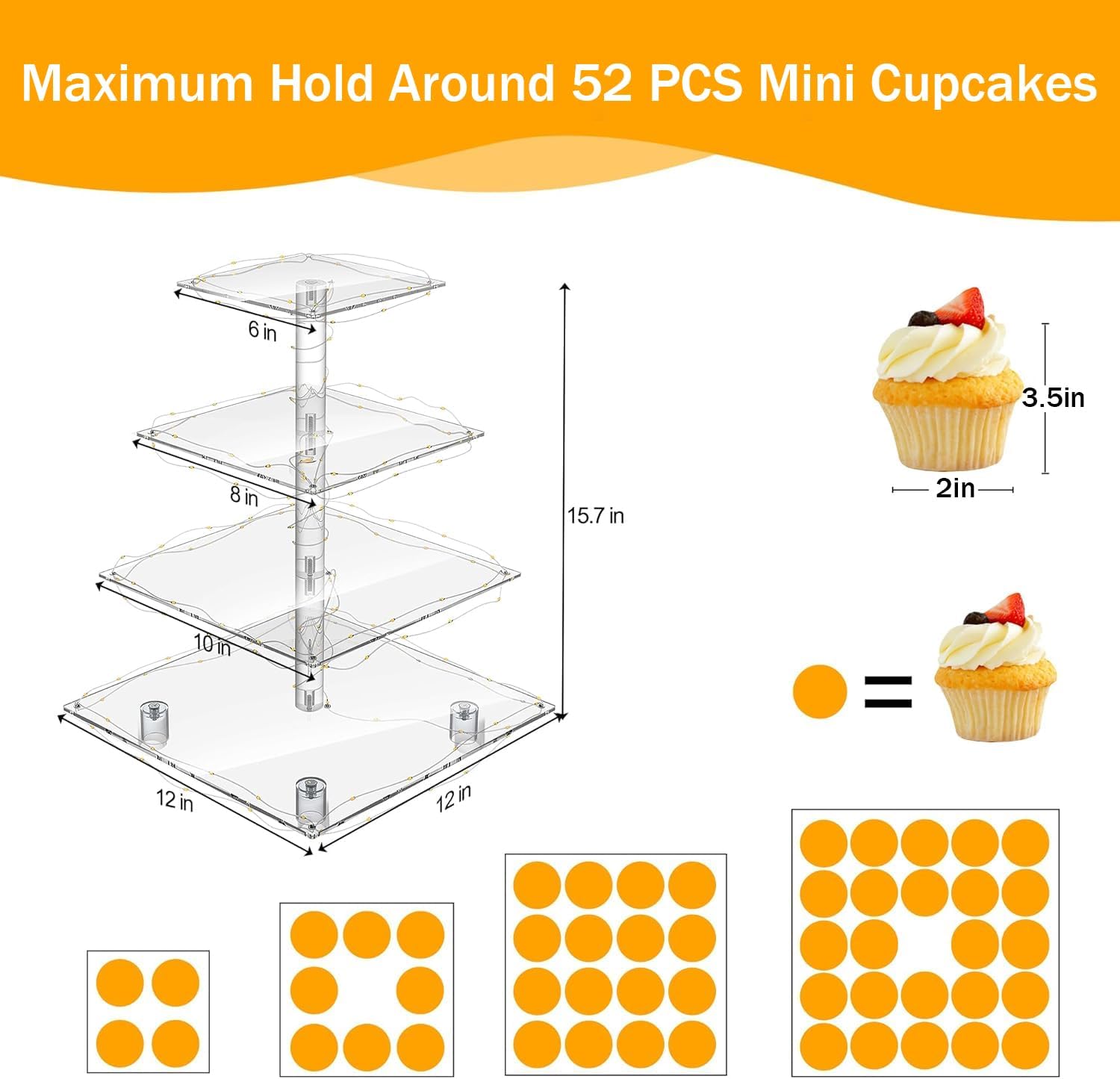 YestBuy Cupcake Stand with Yellow LED Lights, 4 Tier Cupcake Stand for 50 Cupcakes, Acrylic Cupcake Tower Stand, Clear Tiered Cupcake Holder for Birthday Candy Bar Décor Weddings, Parties Events - Image 5