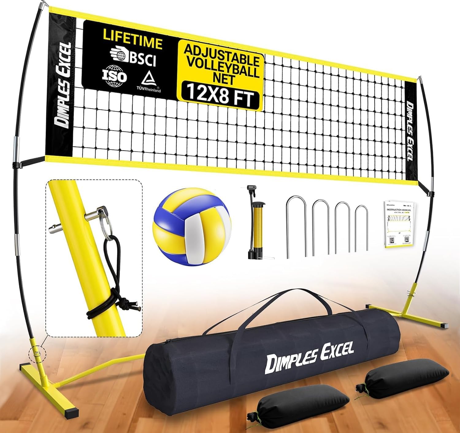 Dimples Excel 12x8 FT Professional Portable Volleyball Net Set with 4 Adjustable Height Levels (5.05–8 FT), Includes Volleyball, Pump, Carry Bag and Sandbags for Indoor/Outdoor Training