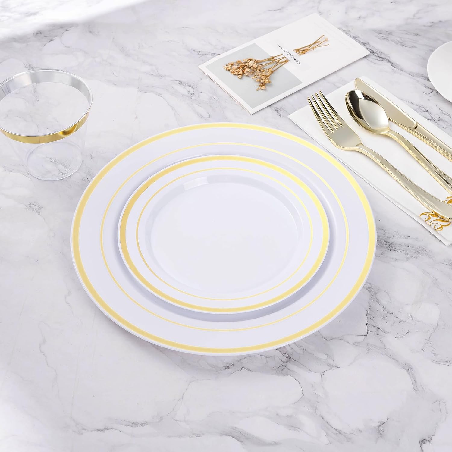 BESTVIP 200PCS Gold Plastic Plate, Disposable Party Plates with 100 Dinner Plates and 100 Dessert Plates, Plastic Plates for Party, Wedding and Birthday - Image 6