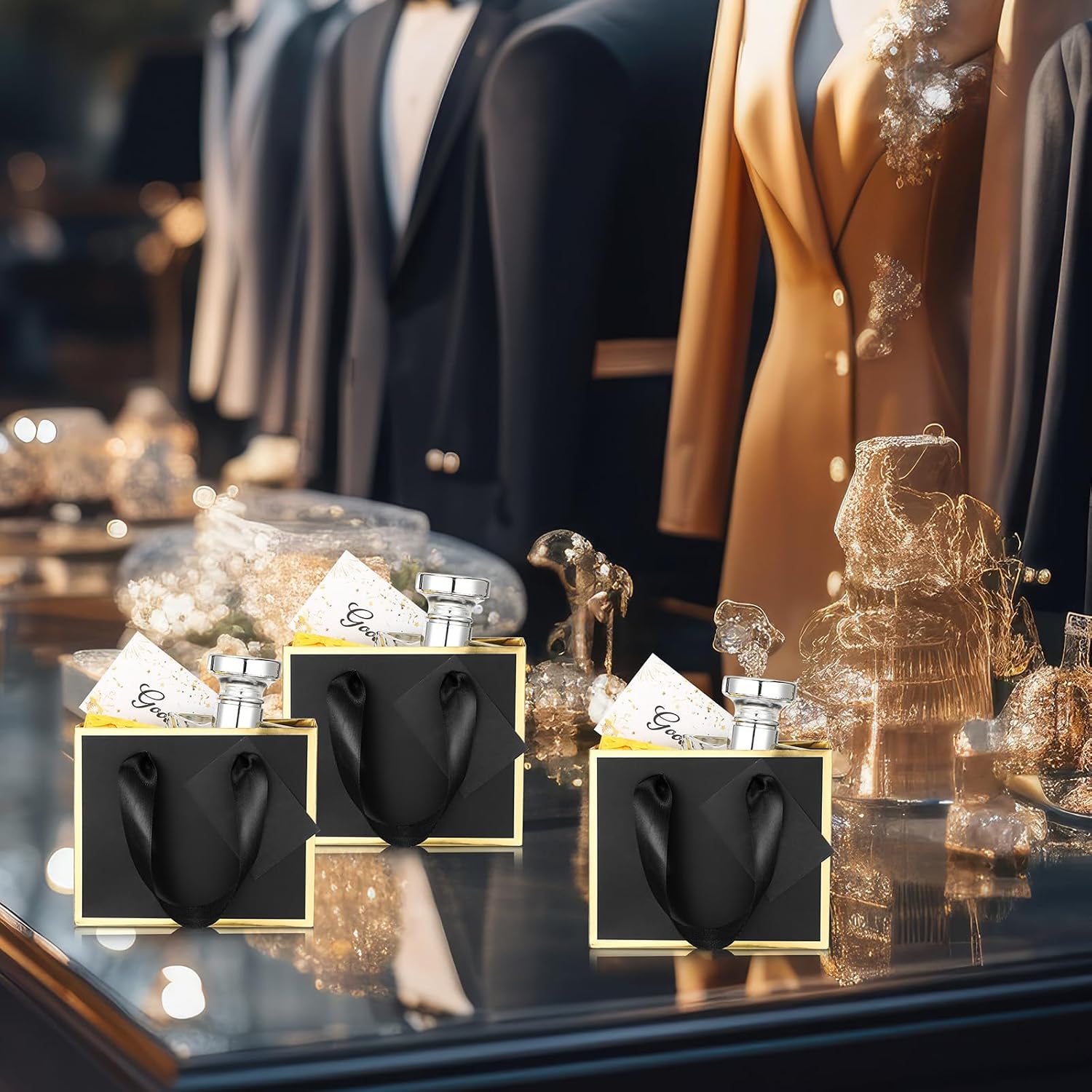 Yeaqee 50 Pcs Mini Metallic Paper Gift Bags with Handle 4.75x2.25x4'' Small Gift Bag DIY Tag Thank You Party Favor for Summer Wedding Baby Shower Birthday Back to School Jewelry (Black,Gold) - Image 6