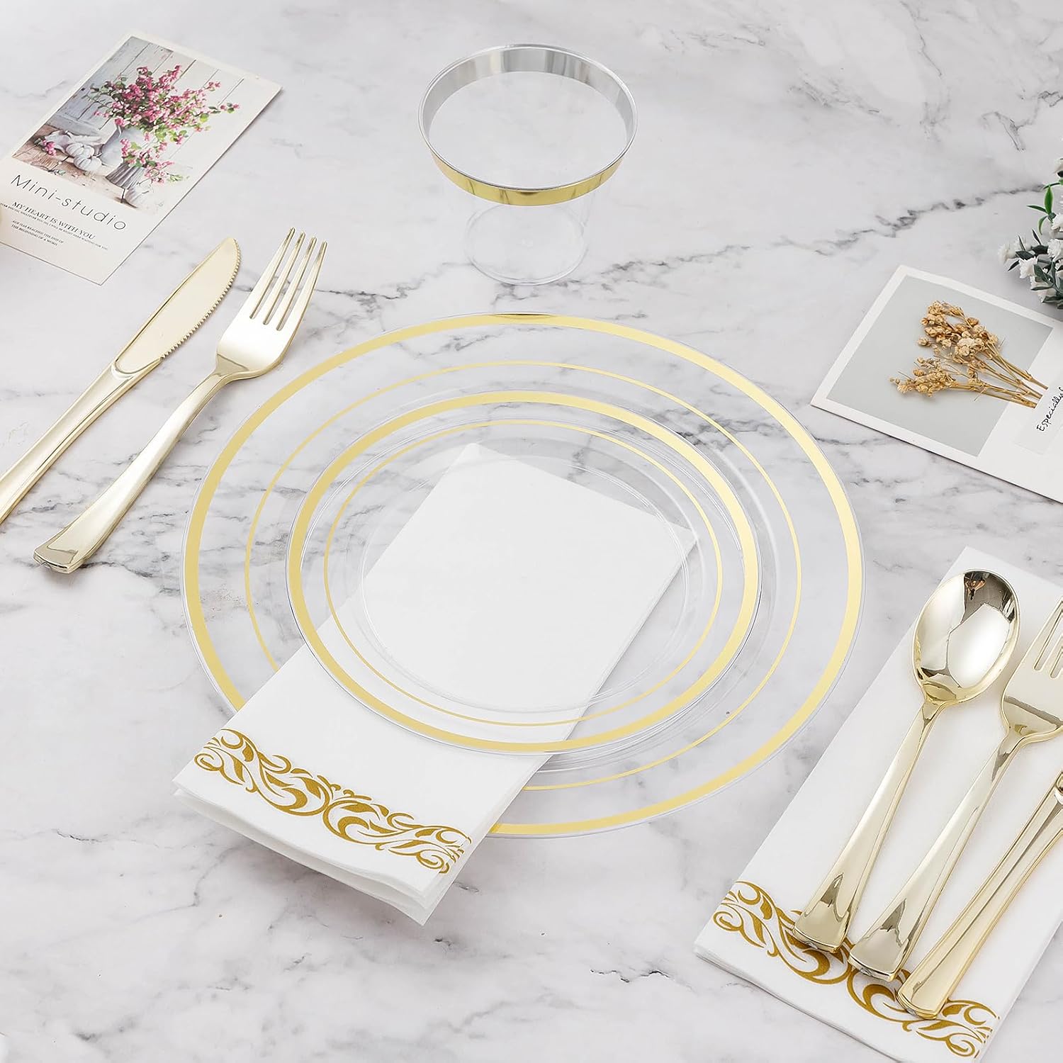 BESTVIP 700PCS Clear Gold Disposable Dinnerware Set for 100 Guests, Plastic Plates for Party, Wedding, Christmas, Include: 200 Plastic Plates, 100 Gold Silverware, 100 Cups, 100 Napkins - Image 5