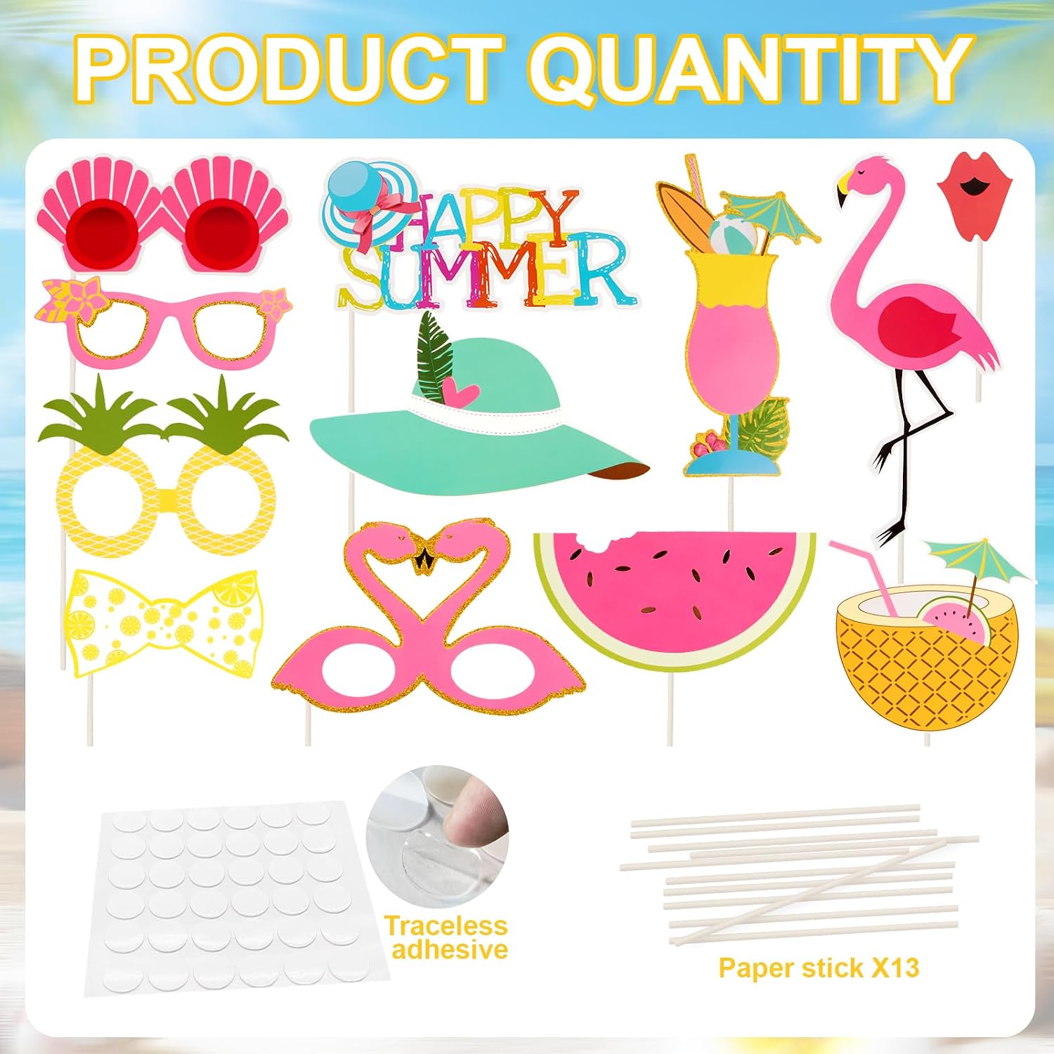 SUNBEAUTY 12 Pcs Summer Photo Booth Props Beach Summer Pool Party Decorations Luau Photo Booth Props Tropical Tiki Beach Pool Party Favors for Baby Shower, Birthday, Hawaii - Image 4