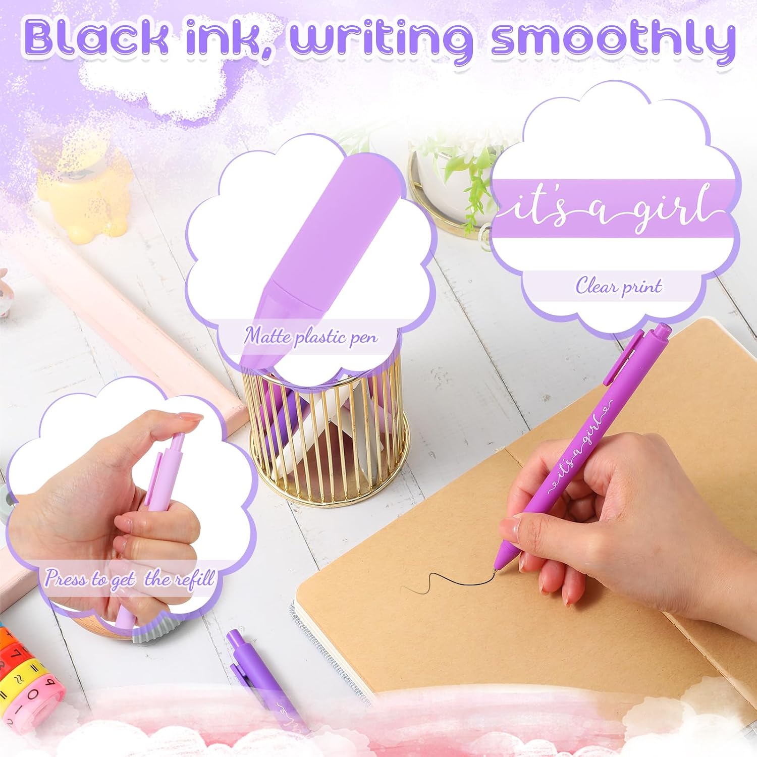 Chuangdi 50 Set Baby Shower Pens Favors for Guests It's a Boy Girl Ballpoint Pens Thank You Cards with Organza Bags Gender Reveal Party Favors for Adult Prizes Souvenirs(Purple,It's a girl) - Image 3