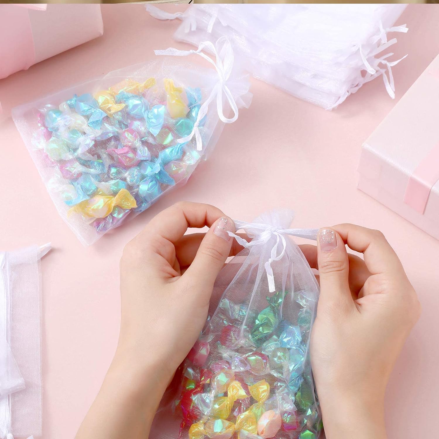 Riakrum 100 Pcs Sheer Organza Bags Wedding Favor Mesh Drawstring Bags Thank You Gift Bag for Guests Candy Candy Gift Bag for Wedding Favors, Bridal Shower, Anniversary, Birthday(4 x 6 Inch,White) - Image 4