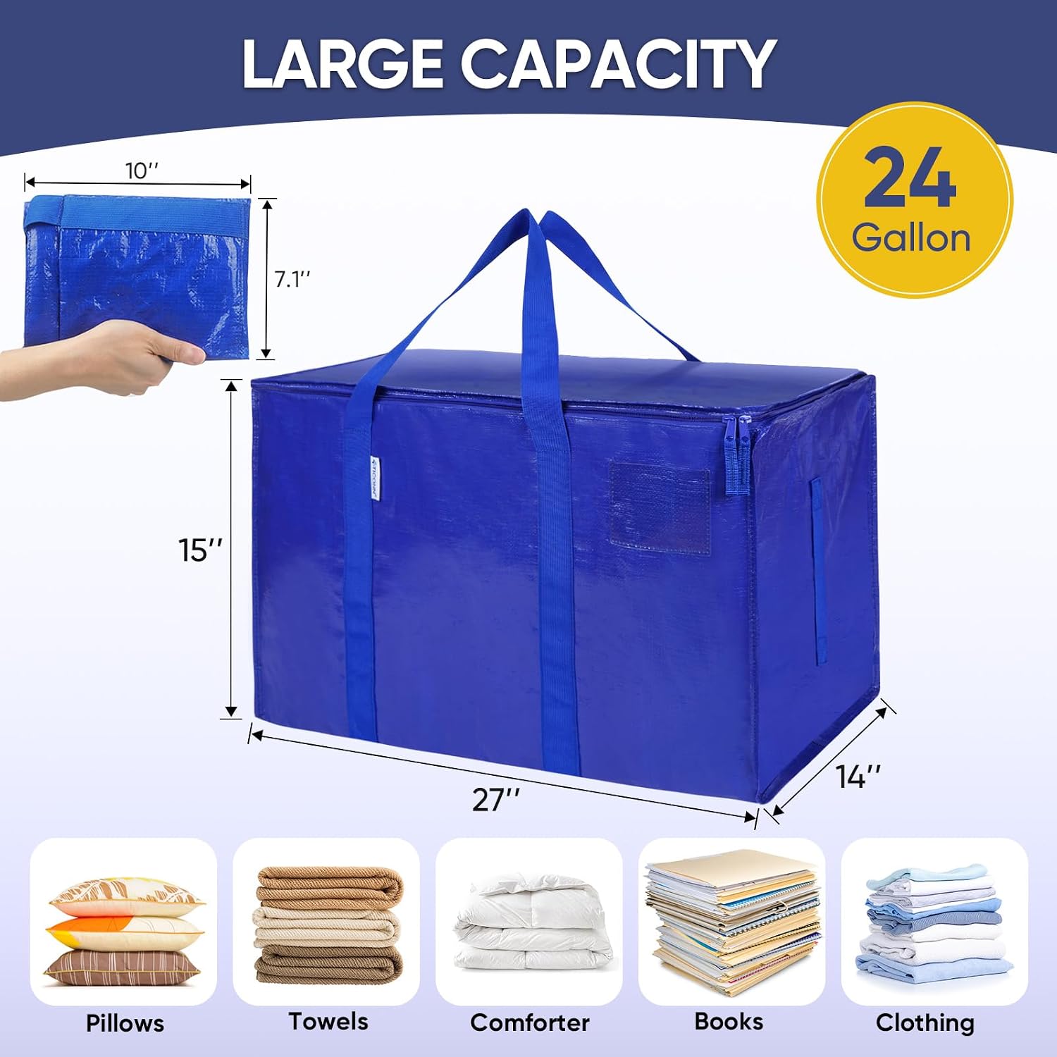 TICONN 6 Pack Extra Large Moving Bags Heavy Duty with Zippers & Carrying Handles, Durable Storage Bags Moving Boxes for Closet Organizers and Storage (6 Pack, Blue) - Image 4