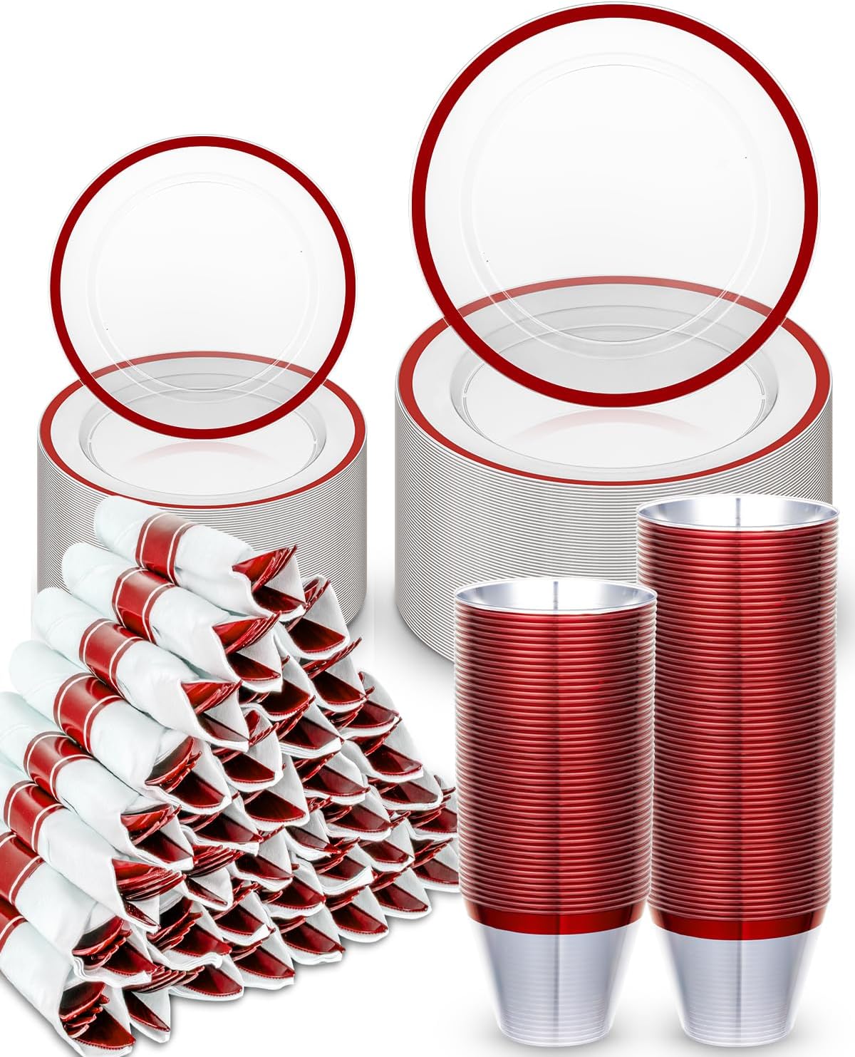 BESTVIP 350PCS Disposable Clear Red Dinnerware Sets for 50 Guests, Plastic Plates for Party, 100 Plastic Plates, 50 Cups, 50 Pre-Rolled Napkins with Cutlery for Parties, Christmas, Wedding