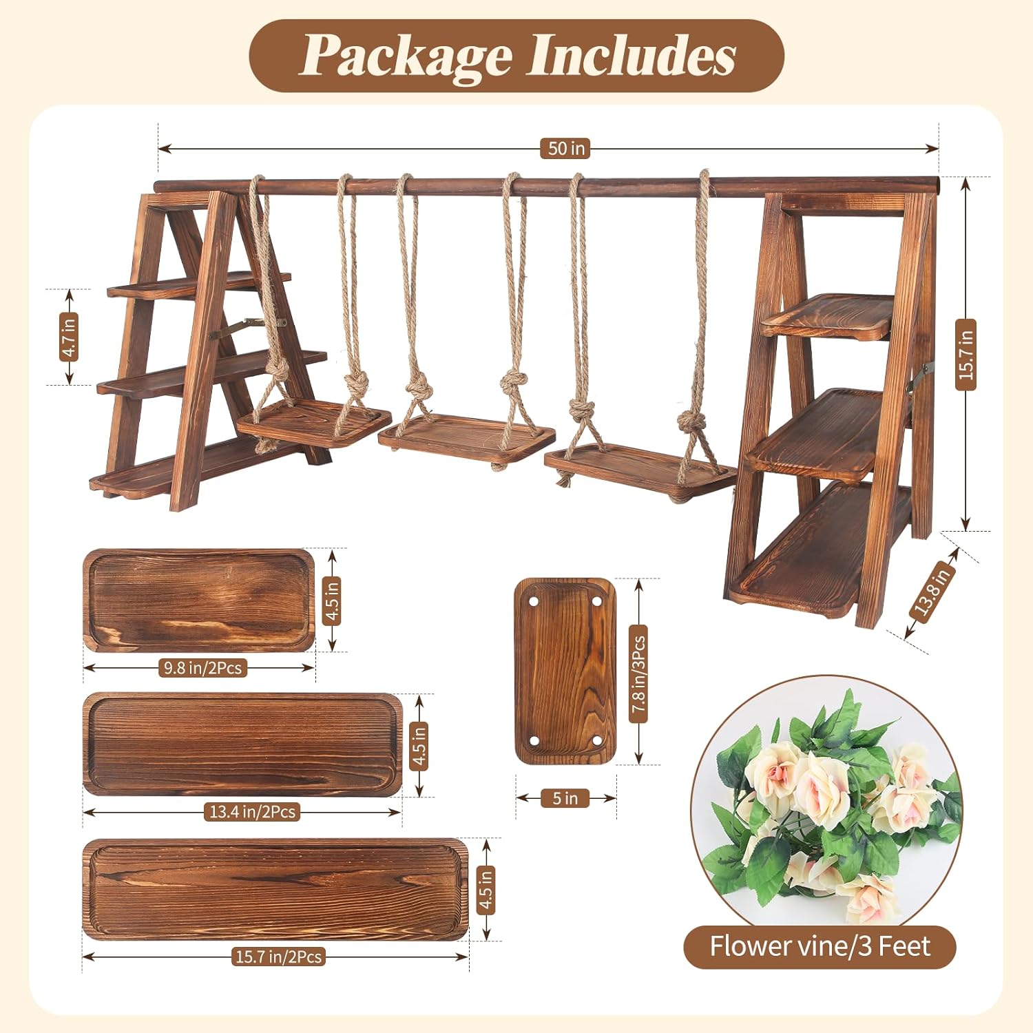 Wisreach Upgraded Large Wooden 3 Tier Swing Cupcake Stand with Flower Decor, Removable Trays, Foldable Ladder Display for Cake, Snacks, Fruit, Bread, Party & Catering Centerpieces - Image 5