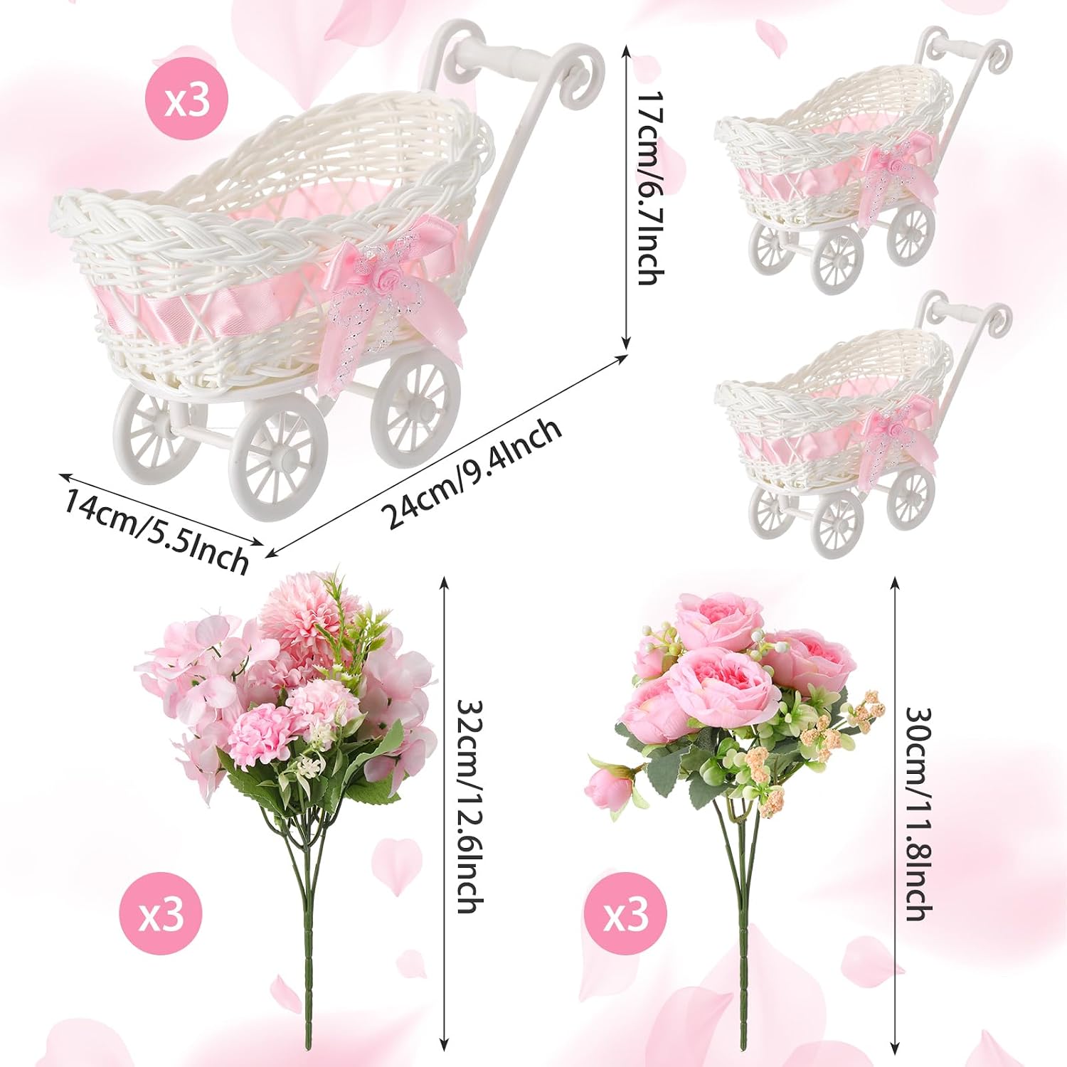 3 Pack Rattan Baby Carriage Floral Arrangement with Bouquet Pink Baby Shower Table Centerpiece Stroller for Guests Gender Reveal Wedding Party Favor Gift and Souvenir - Image 2