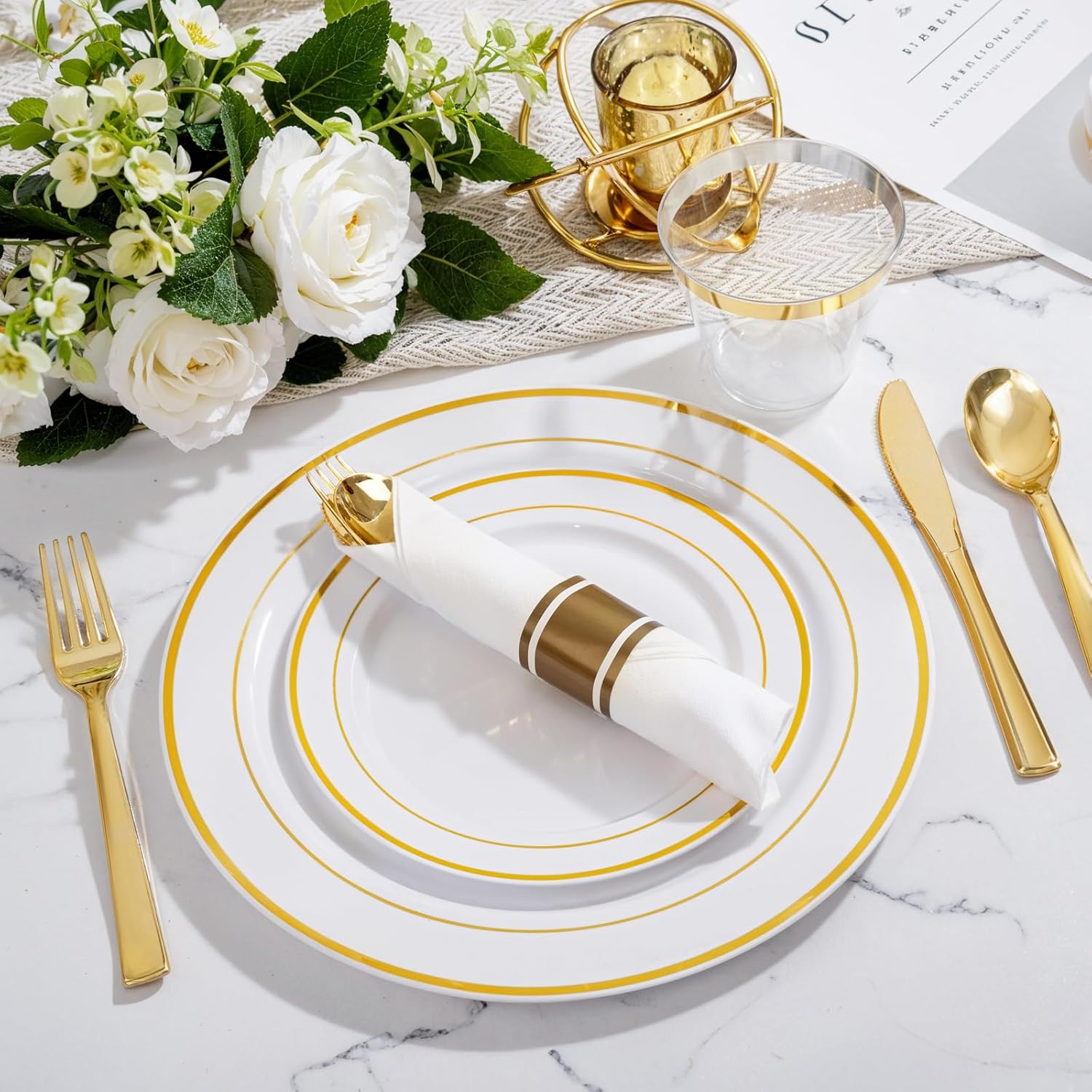 WELLIFE 350-Piece Gold Disposable Plates and Cutlery Set - Premium 10.25" Dinner Plates, 7.5" Dessert Plates, 9oz Cups & Cutlery for Weddings, Catering Events - 50 Guest Service - Elegant & Sturdy - Image 3