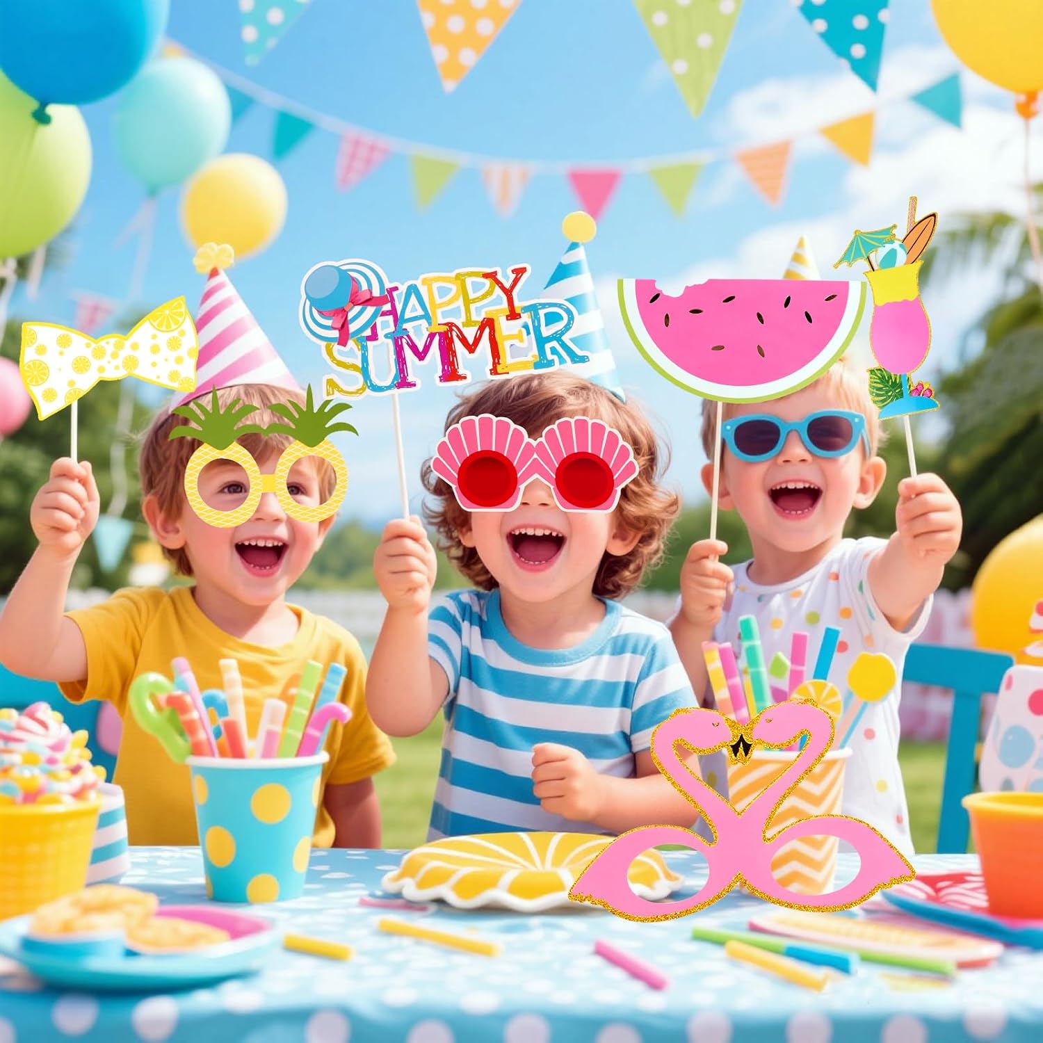 SUNBEAUTY 12 Pcs Summer Photo Booth Props Beach Summer Pool Party Decorations Luau Photo Booth Props Tropical Tiki Beach Pool Party Favors for Baby Shower, Birthday, Hawaii - Image 7