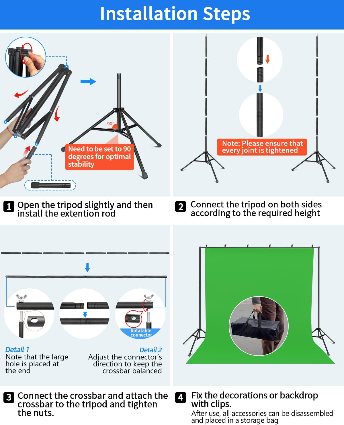 Hemmotop Backdrop Stand 10x8ft (WxH), Photography Background Stand for Parties, Adjustable Photo Backdrop Stands Kit for Wedding, Photo Booth, Party, Decoration, Balloon, Projector Screen - Image 9