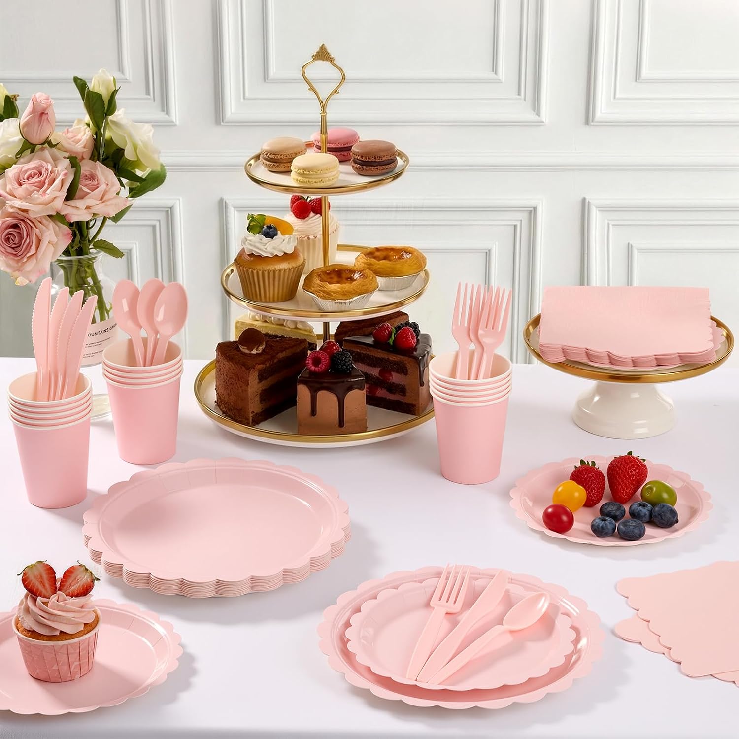 Goodluck 175 Pcs Pink Paper Plates Set, 25 Guest Party Supplies Includes Disposable Scalloped Party Plates, Napkins, Cups, Plastic Cutlery Set for Birthday, Bridal and Baby Shower - Image 5