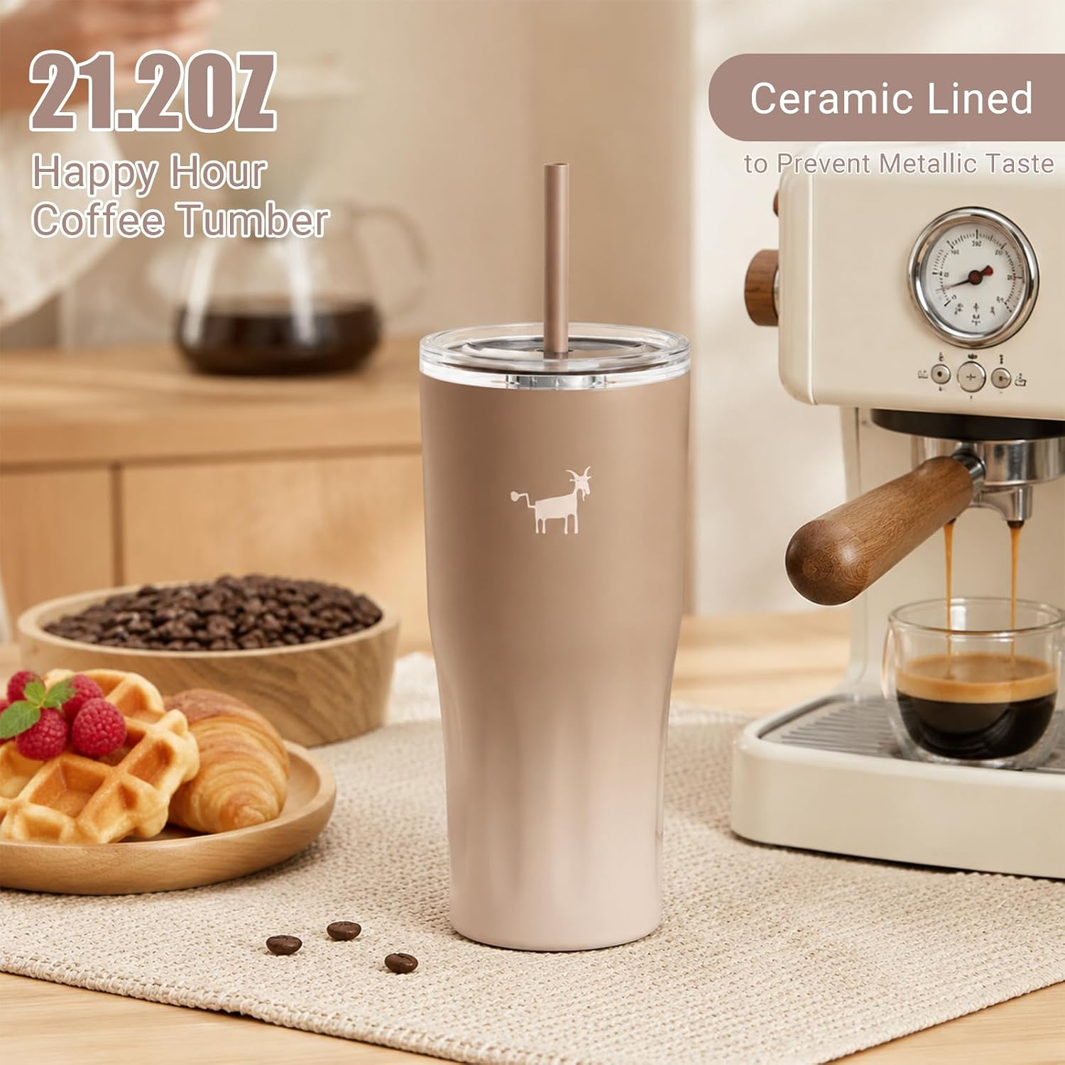 CHEERFUL GOAT Ceramic Lined Coffee Travel Mug – Stainless Steel Travel Coffee Tumbler with Ceramic Liner, with lid, 21 OZ Cup for Hot and Cold Water Coffee at Home, Office, or On the Go (Latte Ombre) - Image 2