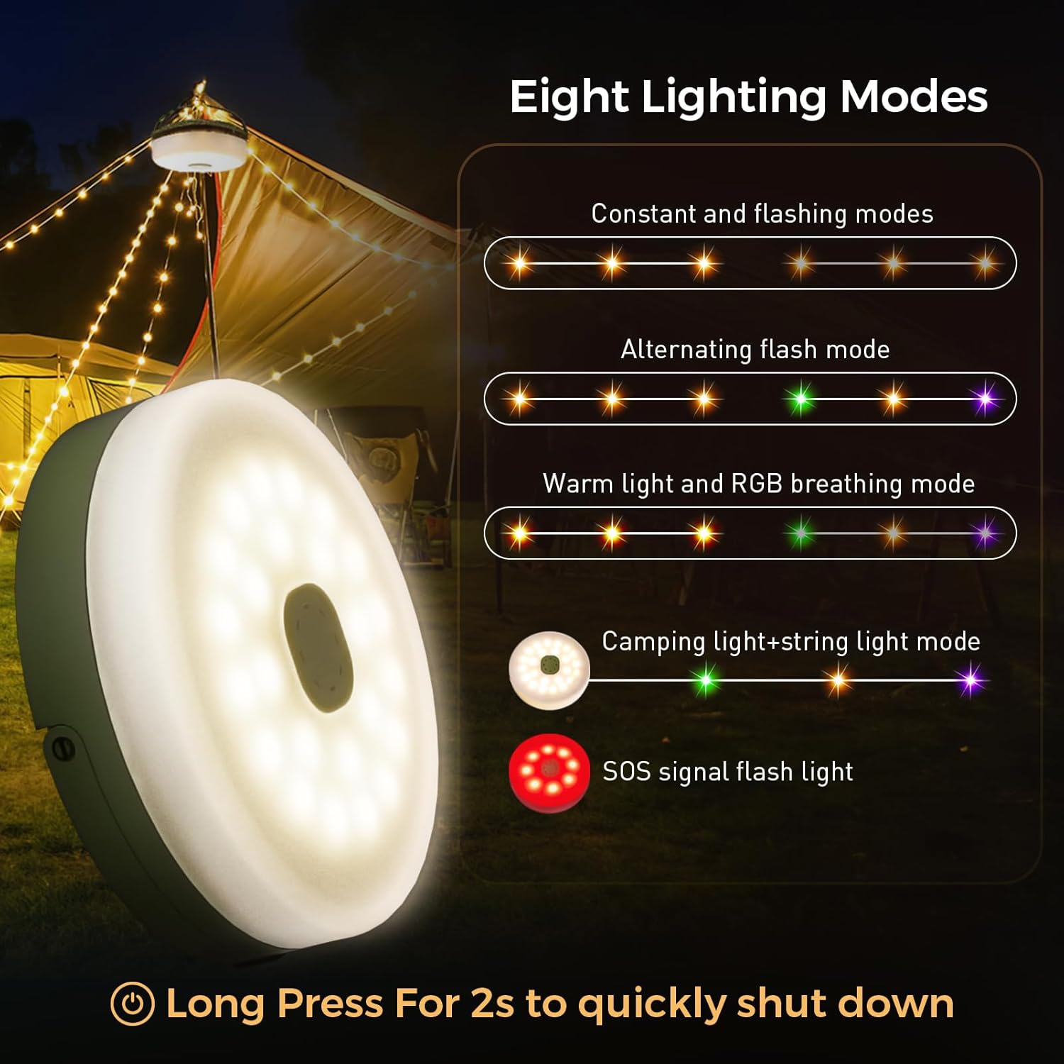 Camping String Lights, 32.8FT Rechargeable Camping Lights with Quick Storage Reel, 8 Modes Waterproof Hanging LED Camping Lights for Tent, RV Awning, Patio and Outdoor Camping Gear Essentials - Image 2