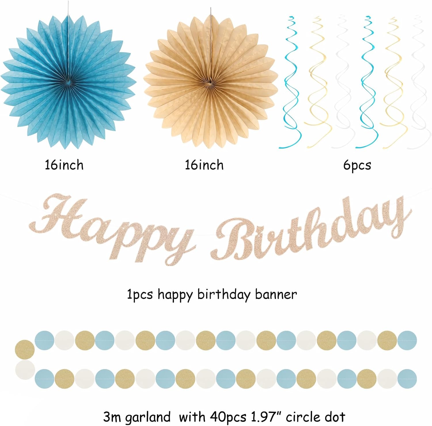 Light-Dusty Blue Beige-Champagne Women Birthday-Decorations - 21pcs Boho Neutral Happy Banner Garland,Paper Streamers Lanterns,Flower Tissue Pom Poms Fan Supplies,Wall Backdrop Party Decor Huglony - Image 2