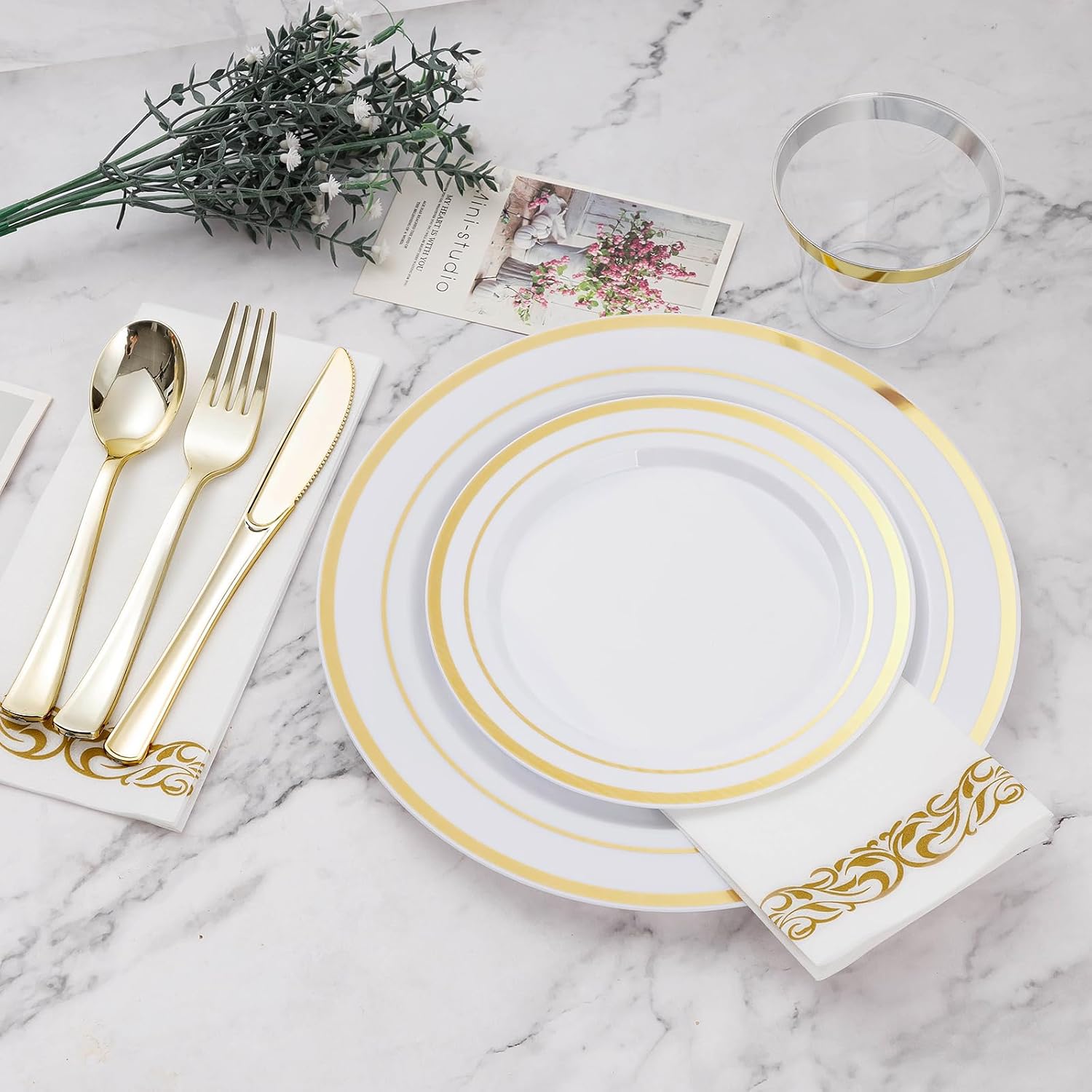 BESTVIP Gold Dinnerware Set for 100 Guests, Plastic Dinnerware Set for Party, Include: 100 Gold Dinner Plates, 100 Bowls, 100 Dessert Plates, 100 Plastic Silverware Set, 100 Cups, 100 Paper Napkins - Image 2