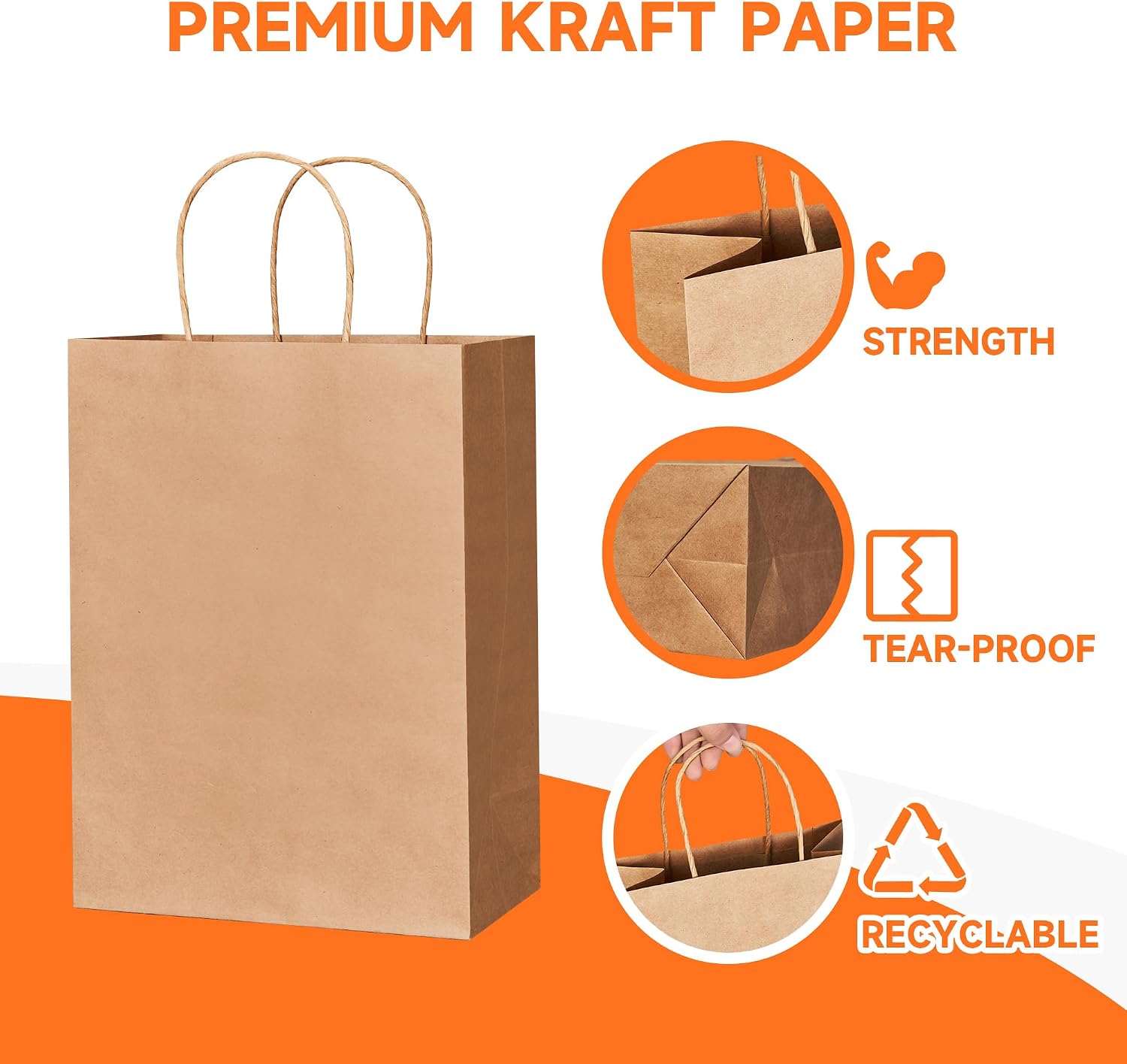 METAPRINT Brown Paper Gift Bags with Handles in Bulk, 100pcs Kraft Paper Bags 8x4.5x10.8 inch, Recyclable Shopping Bags for Retail, Grocery, Party Favors, Wedding - Image 3