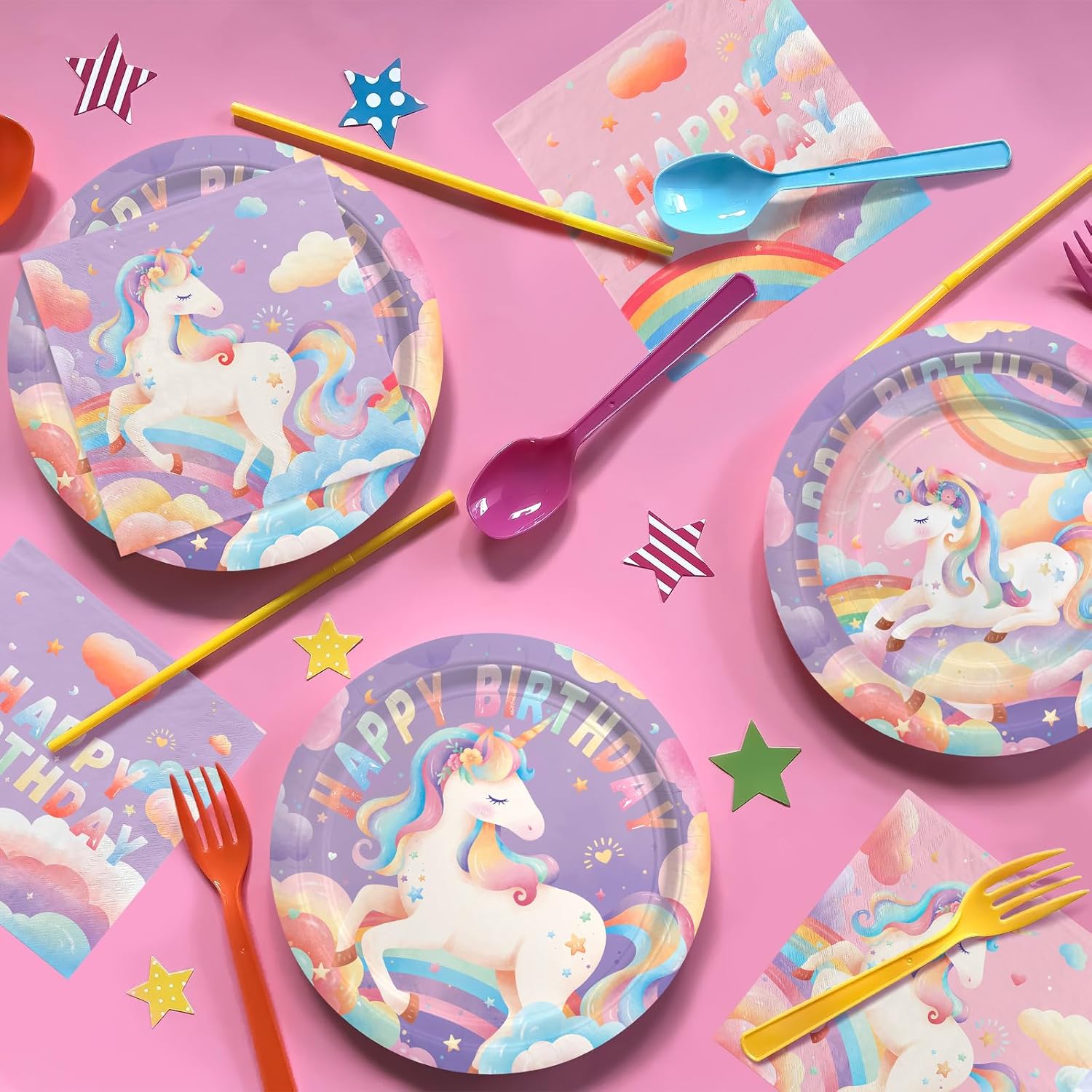 birthday Party Supplies Kit for 24 Guests - for Unicorn Birthday Decorations, Includes Dinner & Dessert Plates, Napkins, Cups, Banner and Tablecloth for Unicorn 1st Birthday Party Decorations - Image 4