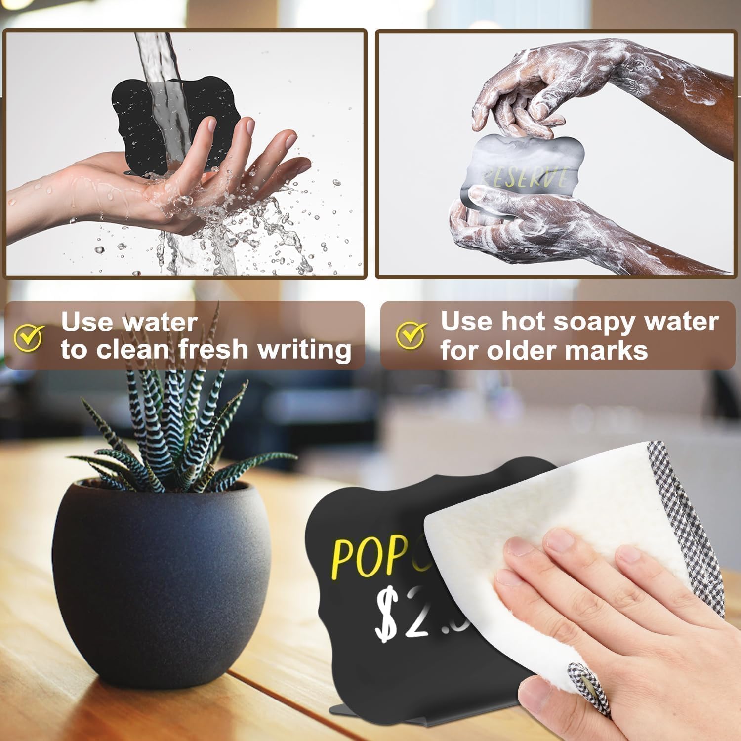 PigPotParty 18 Pcs Food Labels for Party Buffet w/Cleaning Spray, 4"x3" Mini Chalkboard Signs Include 2 Liquid Chalk Markers for Food Display - Food Tags- Table Palce Card (Waved Shape) - Image 8