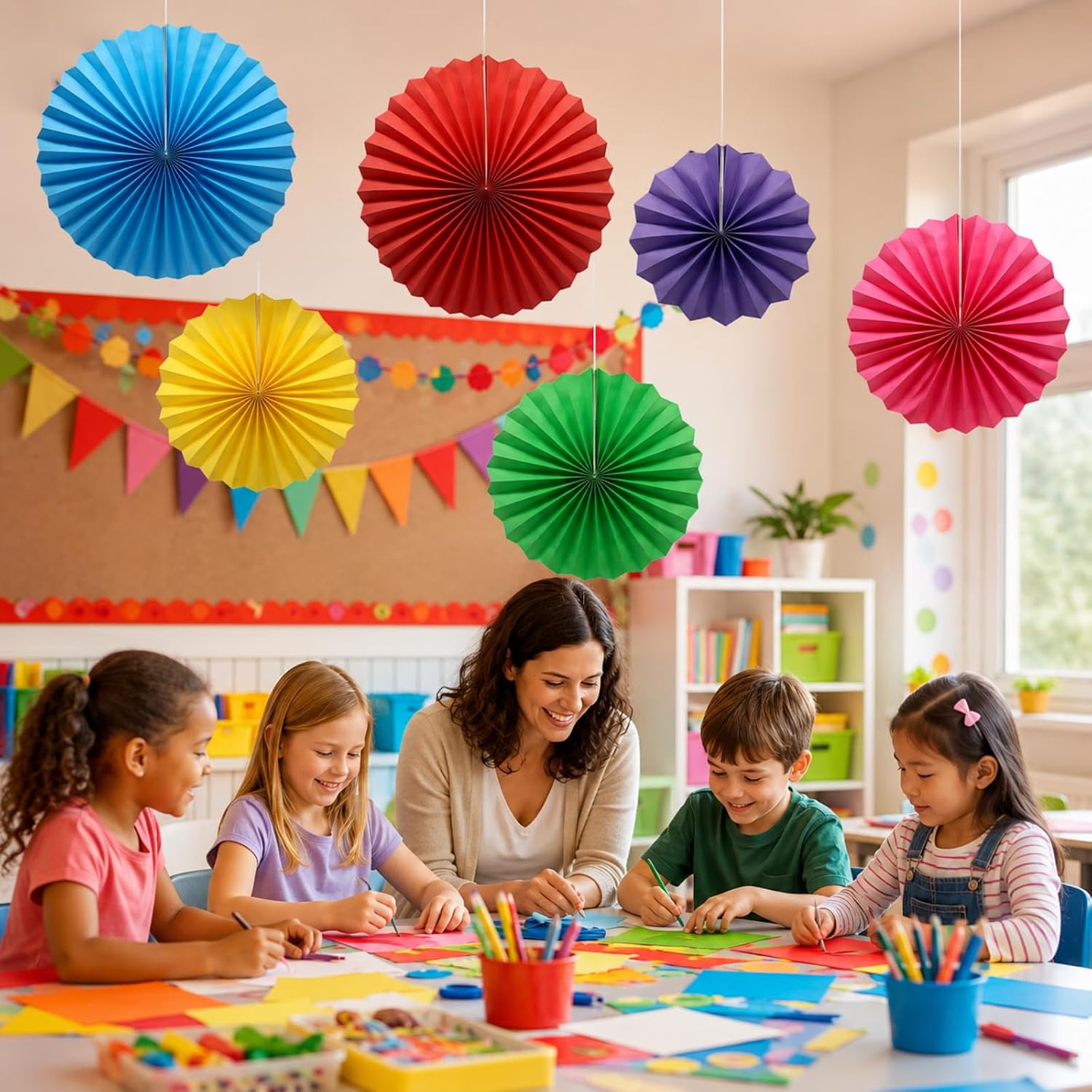 6 Pack Colorful Hanging Paper Fans, Round Pattern Paper Garlands Vibrant Fiesta Pinwheels for Birthday, Back to School Classroom Decor, Baby Shower, Graduation, Wedding Holiday Celebrations - Image 5