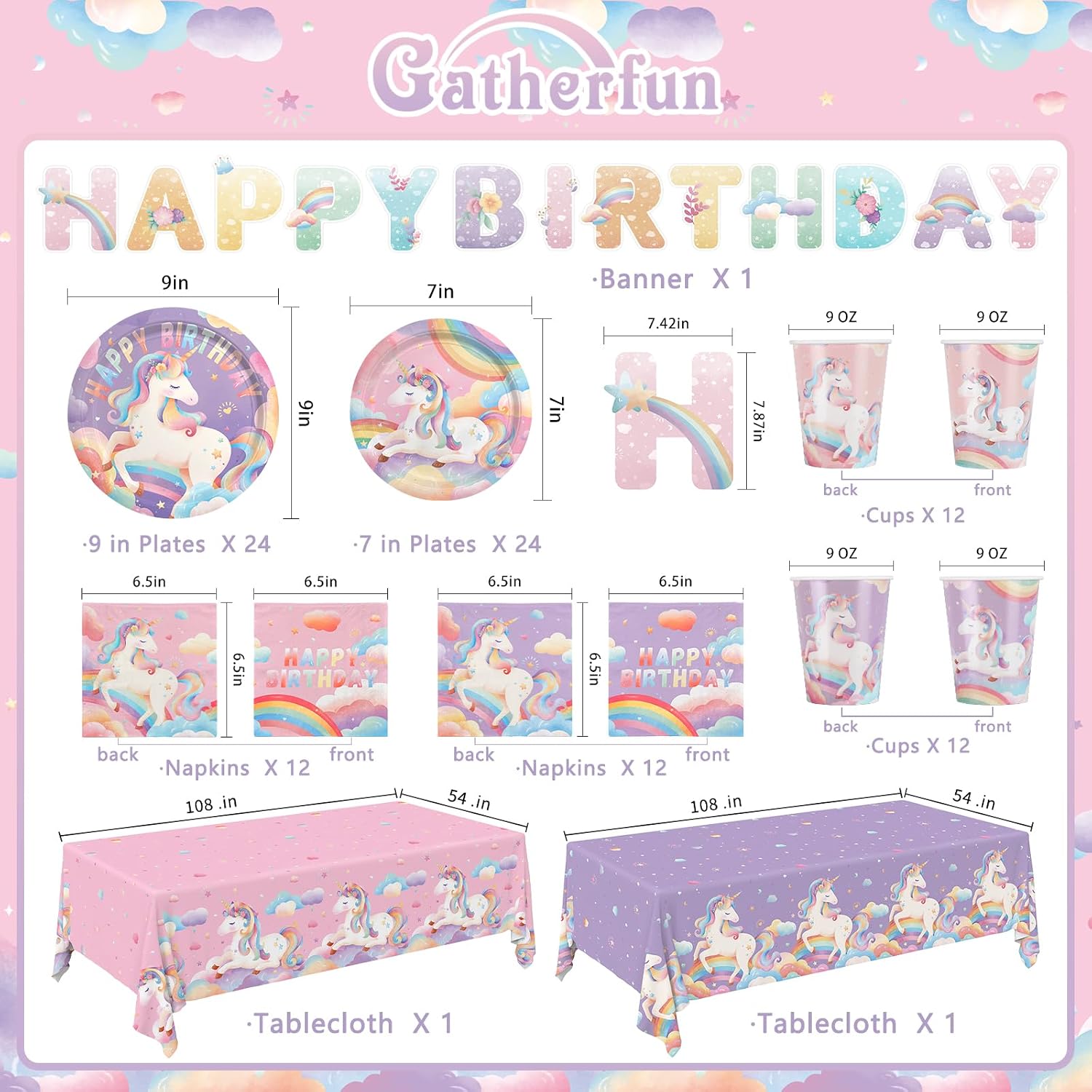 birthday Party Supplies Kit for 24 Guests - for Unicorn Birthday Decorations, Includes Dinner & Dessert Plates, Napkins, Cups, Banner and Tablecloth for Unicorn 1st Birthday Party Decorations - Image 2