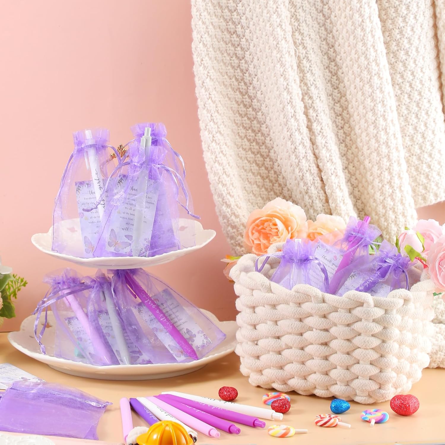 Chuangdi 50 Set Baby Shower Pens Favors for Guests It's a Boy Girl Ballpoint Pens Thank You Cards with Organza Bags Gender Reveal Party Favors for Adult Prizes Souvenirs(Purple,It's a girl) - Image 6