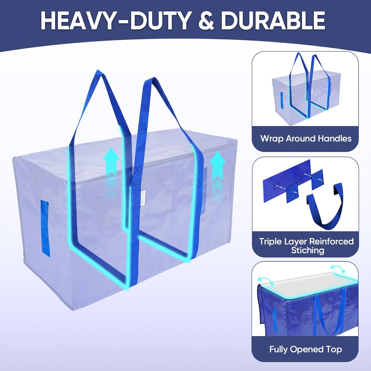 TICONN 6 Pack Extra Large Moving Bags Heavy Duty with Zippers & Carrying Handles, Durable Storage Bags Moving Boxes for Closet Organizers and Storage (6 Pack, Blue) - Image 2